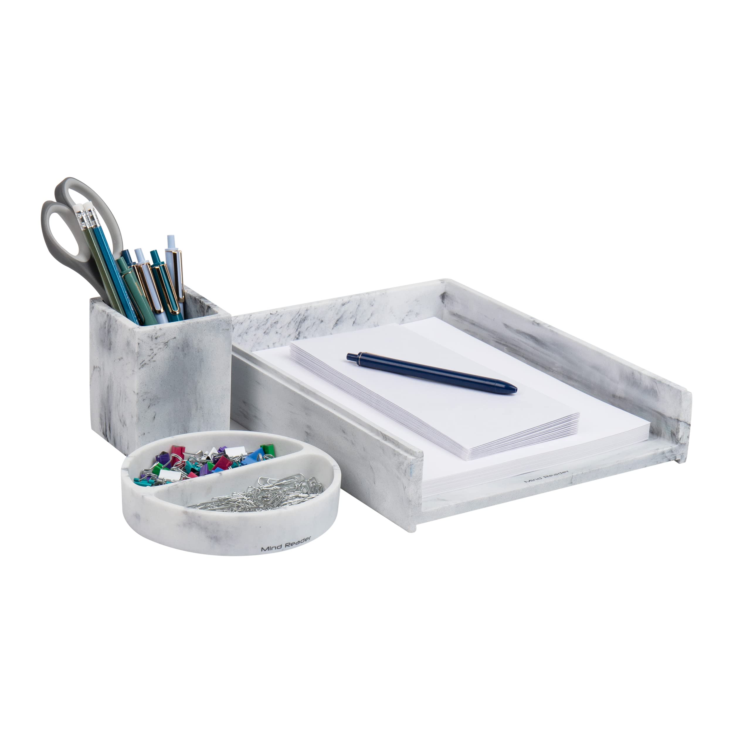 Mind Reader Desktop Set, 3 Pcs., Pen Cup, Catch-All Dish, Paper Tray, Office, Resin, 10.25" L x 12.25" W x 2.5" H, White