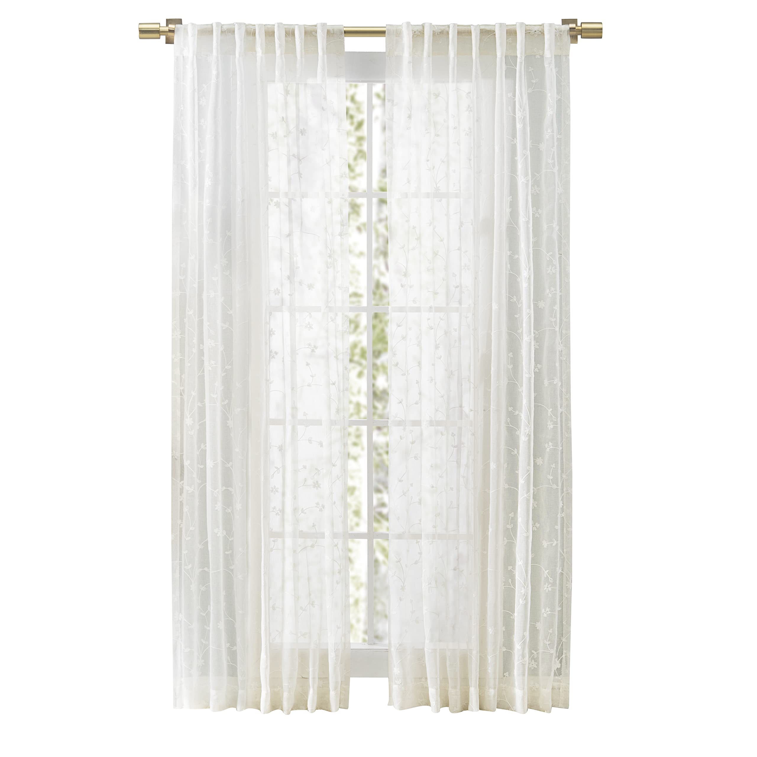 Ricardo | Sheer Blossom Rod Pocket w/Back Tab Panel | 51" W x 84" L | Ivory | Unlined, Semi-Sheer & Embroidered Floral Design | Livingroom, Bedroom, & Dining Room Drapes | 1 Panel | Machine Washable