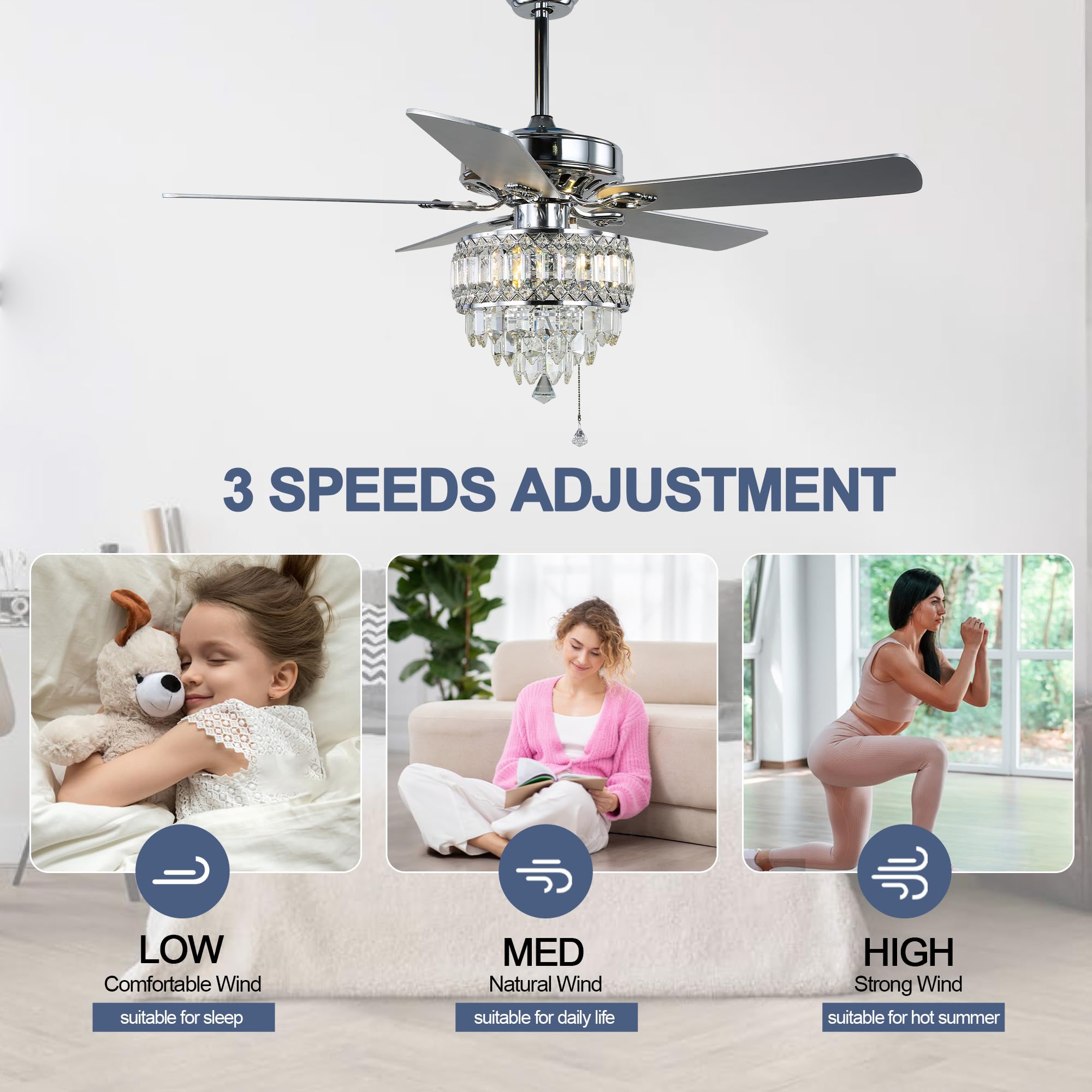 Oaks Aura 52 Inch Crystal Chandelier Ceiling Fan Chrome Gorgeous Modern Reversible Ceiling Fan Light Fixture with Remote for Dining Room,Living Room,Bedroom