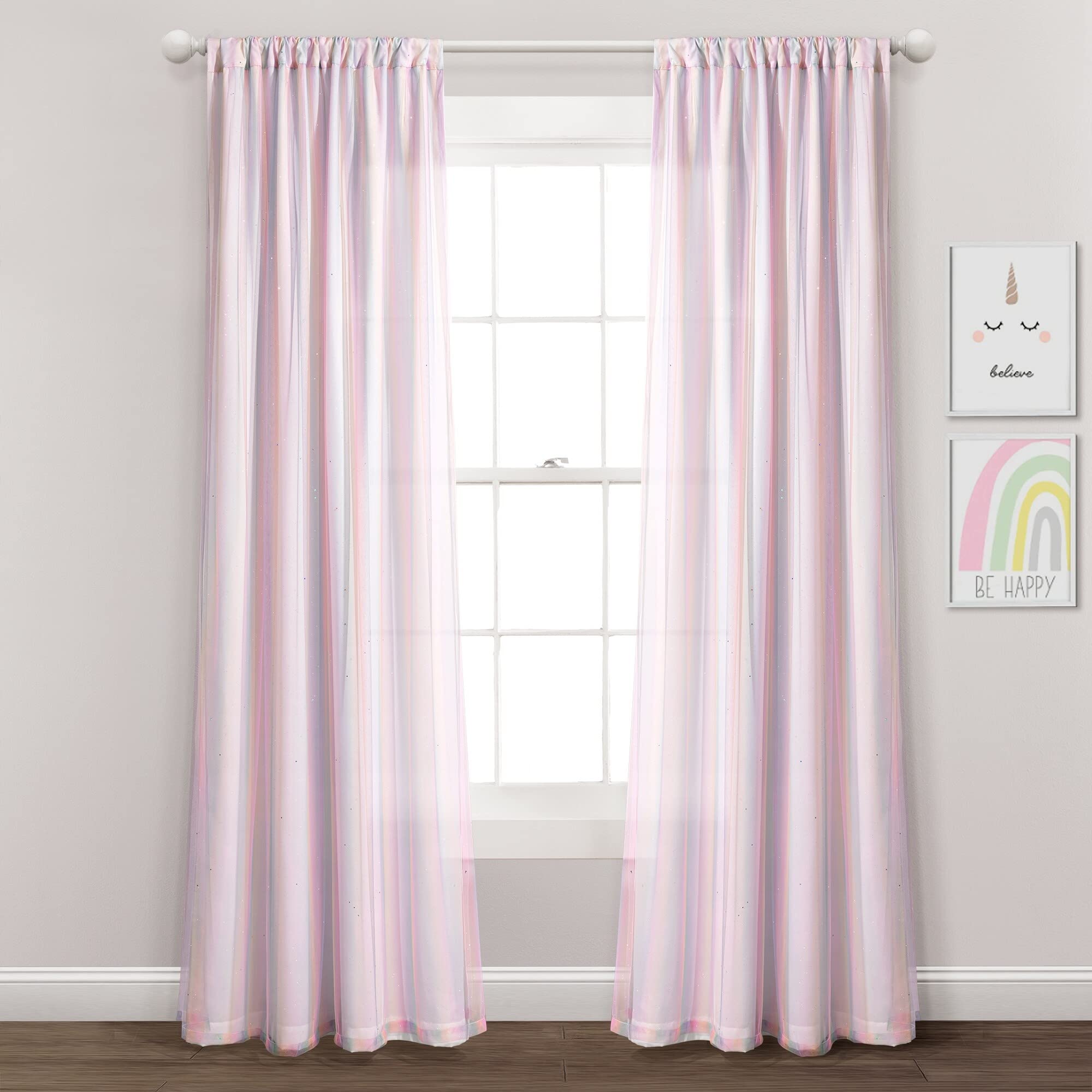 Lush Decor Rainbow Sheer Rod Pocket with Lining Window Curtain Panel (Single Panel), 84" L x 38" W, Rainbow