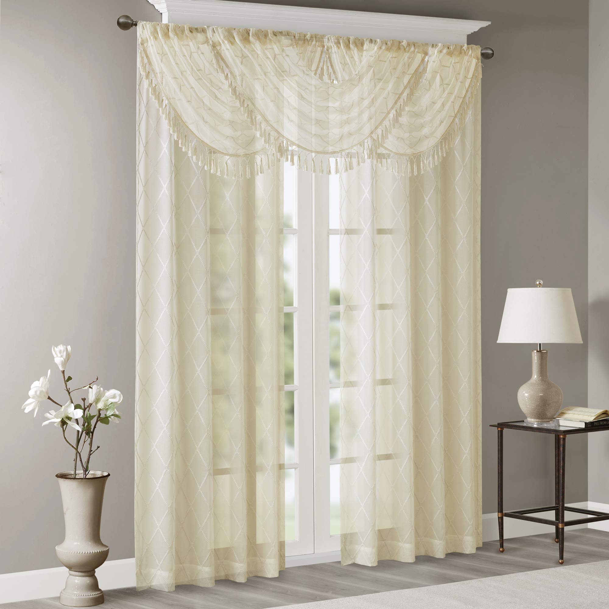 Madison Park Irina Sheer Embroidered Curtains Valance For-Kitchen, Transitional Fabric Curtain-Valance For Living Room, 1-Panel Pack, 38 x 46", Ivory