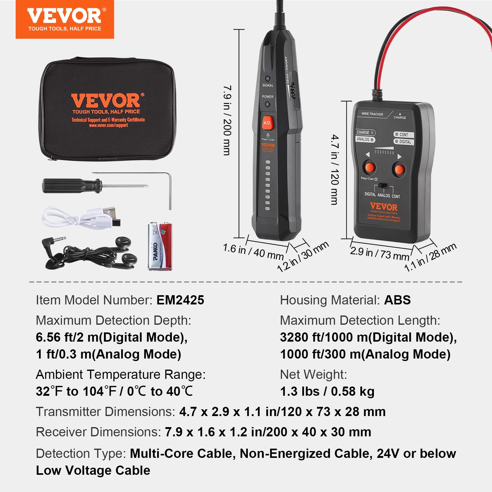 VEVOR Underground Cable Locator, 6.5Ft Max Detection Depth Wire Tracer Break Detector Finder with Earphone, 3280Ft Max. Detection Length Cable Tester for Pet Fence Buried Sprinkler Valve Irrigation