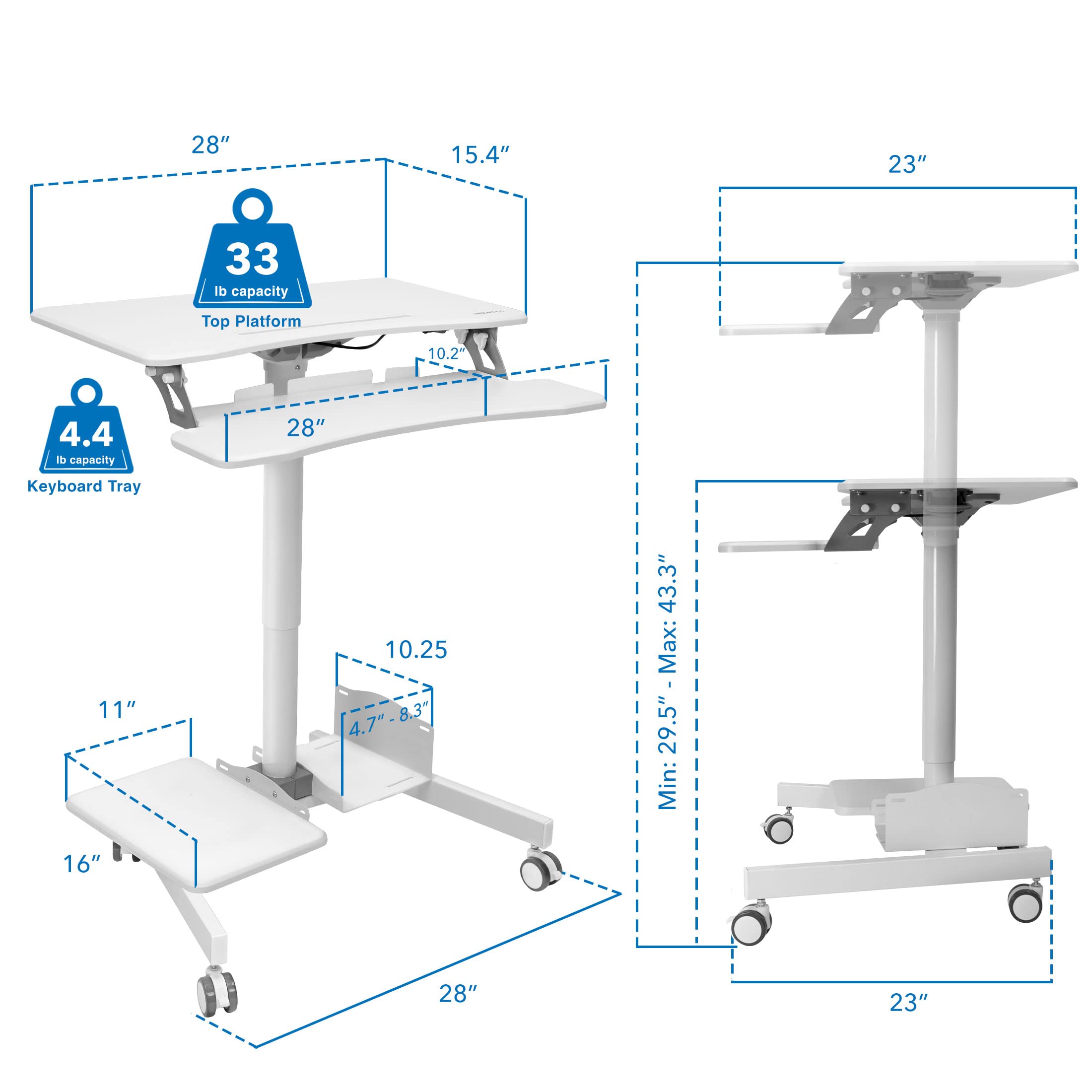 Mount-It! Mobile Rolling Small Table, Height Adjustable up to 43" Computer Desk with Wheels, Medical Nurse Hospital Workstation, Printer CPU Shelves, White Office Portable Computer Cart Keyboard Tray