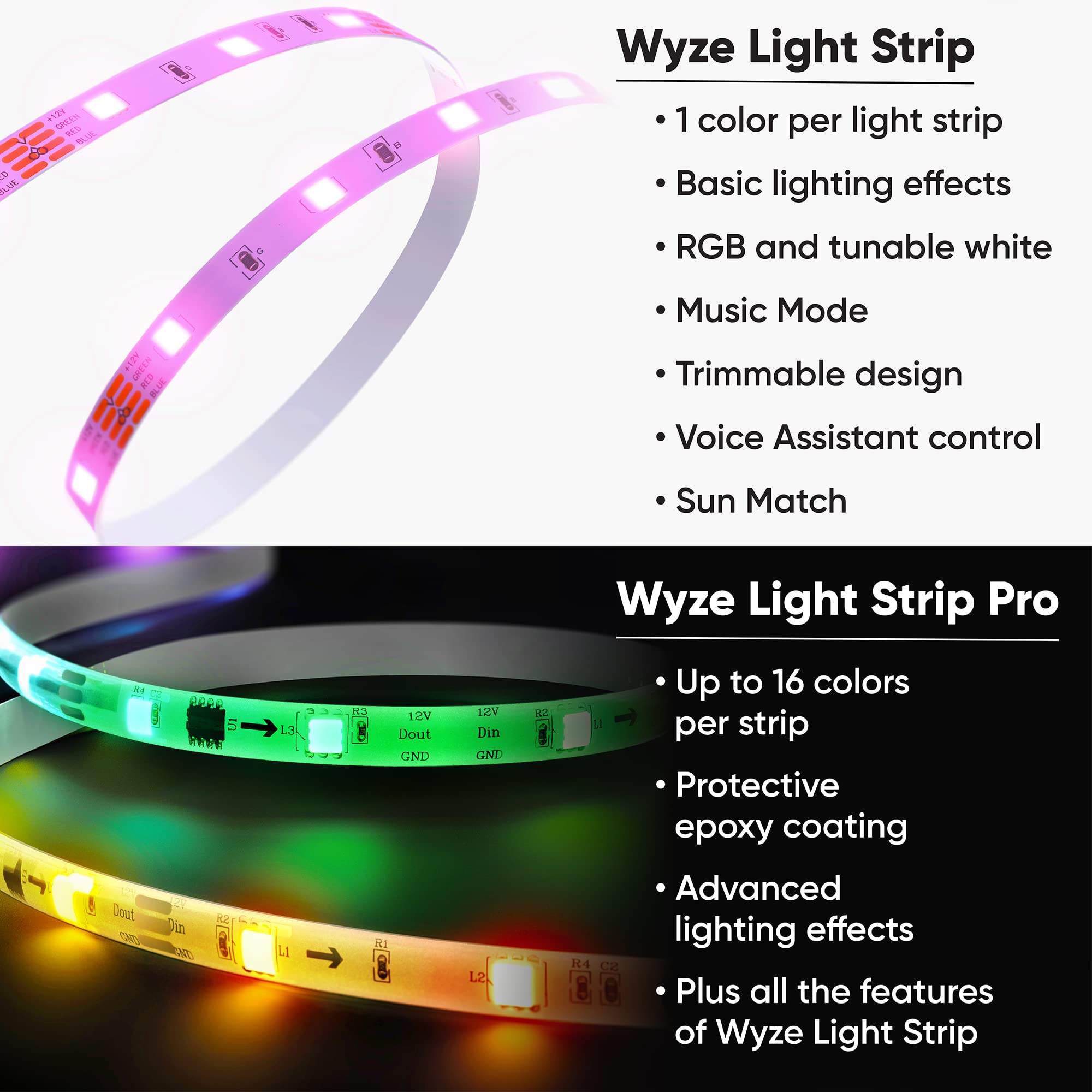 Wyze Light Strip, 16.4ft WiFi LED Strip Lights, 16 Million Colors RGB with App Control and Sync to Music for Home, Kitchen, TV, Party, Compatible with Alexa and Google Assistant