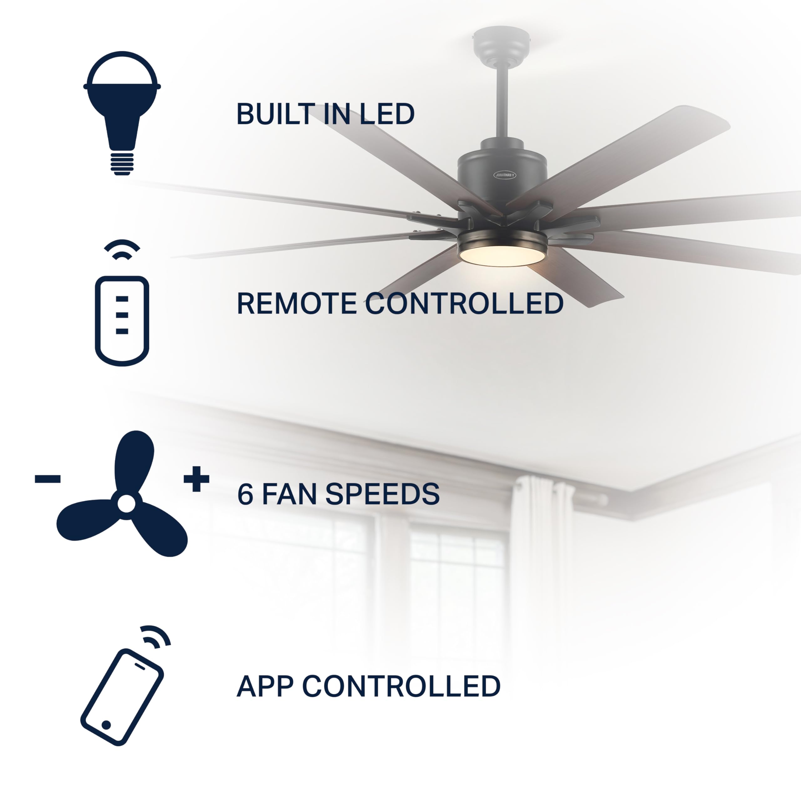 JONATHAN Y JYL9713B Octo 66" 1-Light Contemporary Industrial Iron/Plastic Mobile-App/Remote-Controlled 6-Speed Ceiling Fan with Integrated LED Light, Black/Neutral Brown Wood Finish