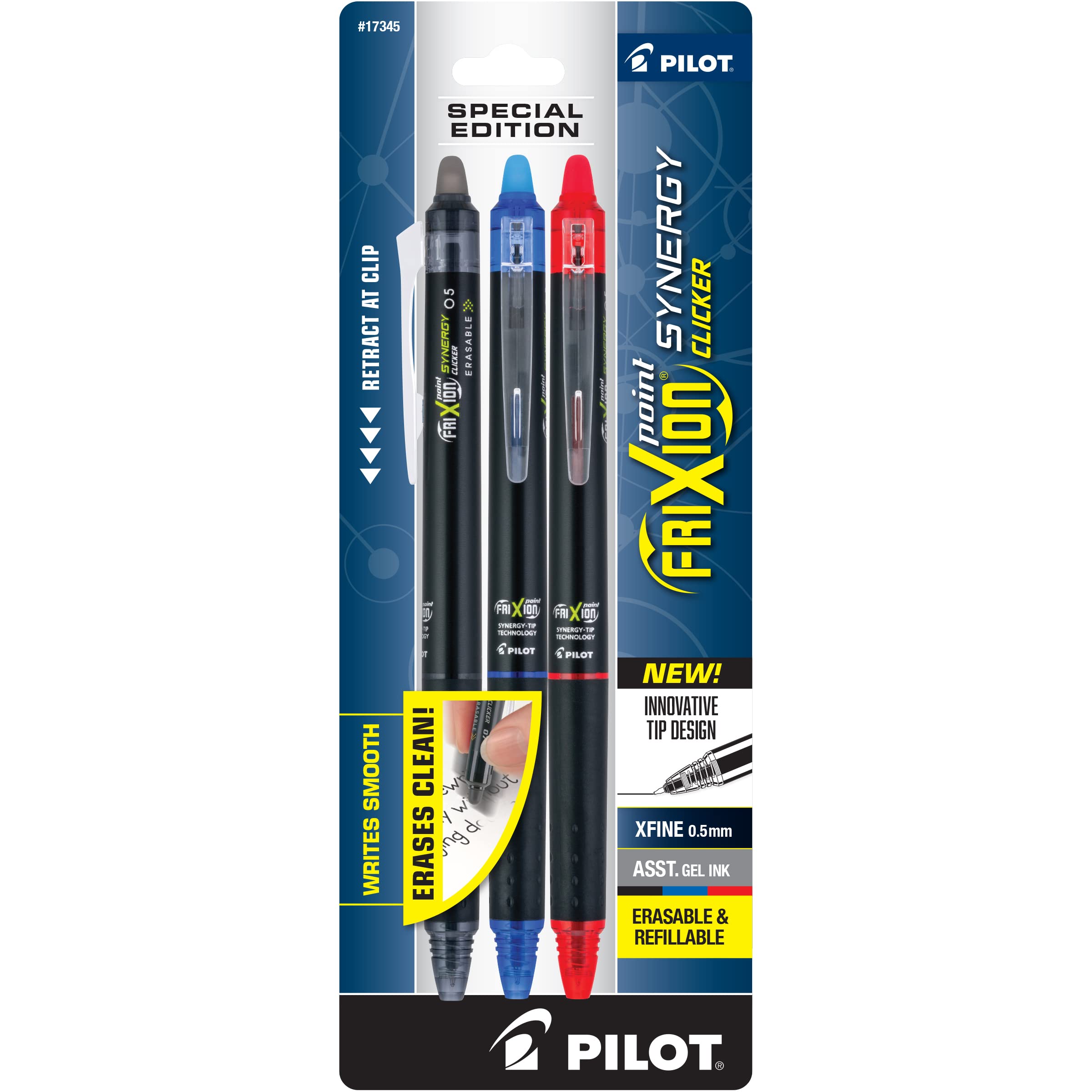 Pilot, FriXion Synergy Clicker Erasable, Refillable, Retractable Gel Ink Pens, Extra Fine Point 0.5 mm, Pack of 3, Black, Blue & Red