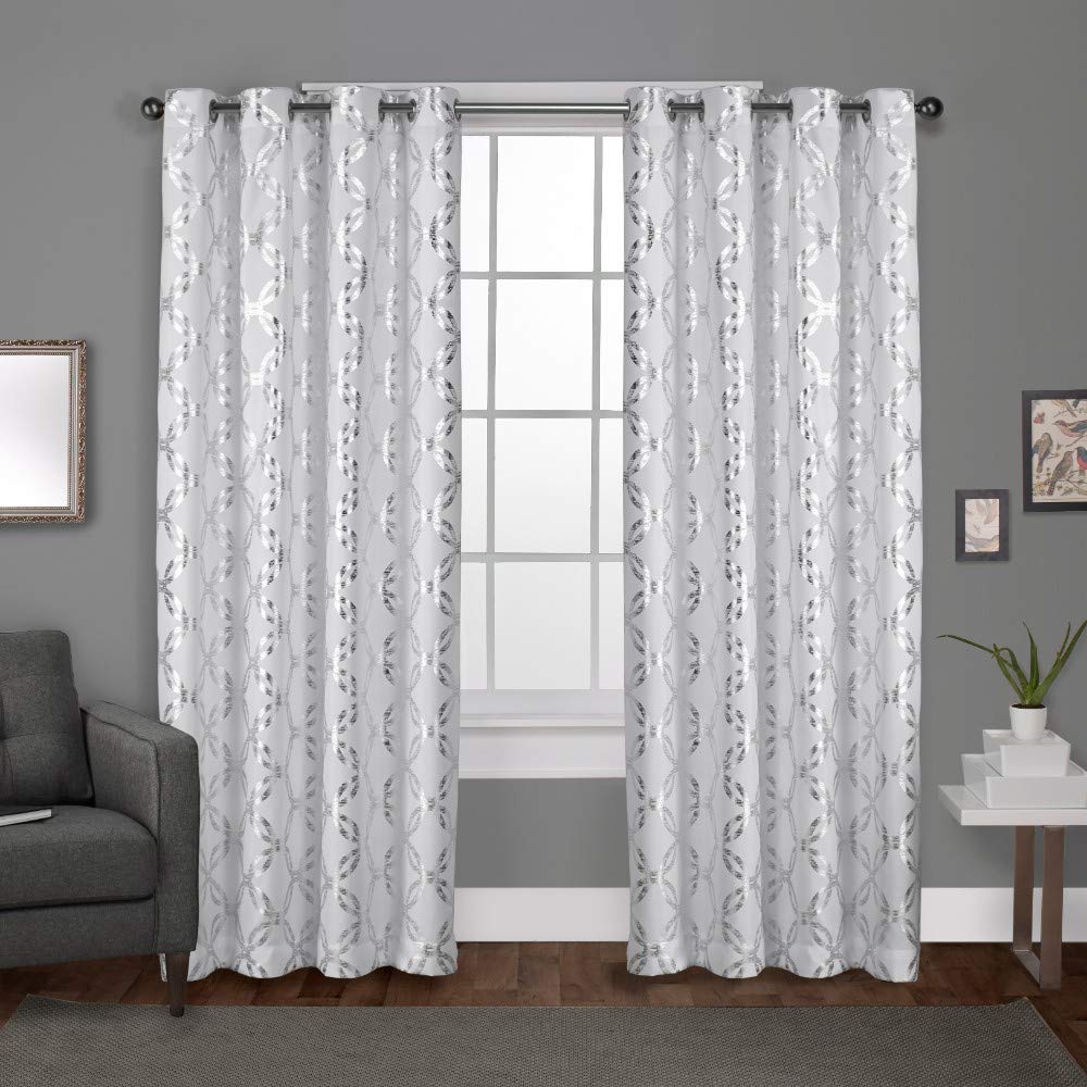 EXCLUSIVE HOME Modo Metallic Geometric Grommet Top Curtain Panel Pair, 54"x84", Winter White