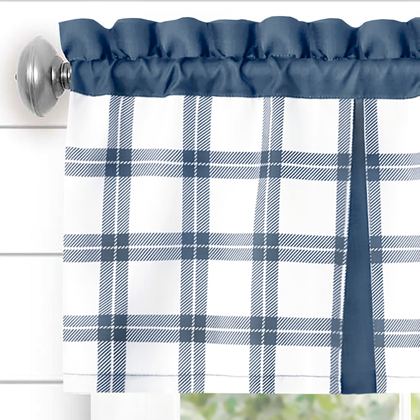 Achim Tate Tier and Valance Window Curtain Set - 58 Width, 24 Length, 1.5 Inch Rod Pocket - Blue - Soft Light Filtering Fabric with Windowpane Plaid Design & Machine Washable Home Décor