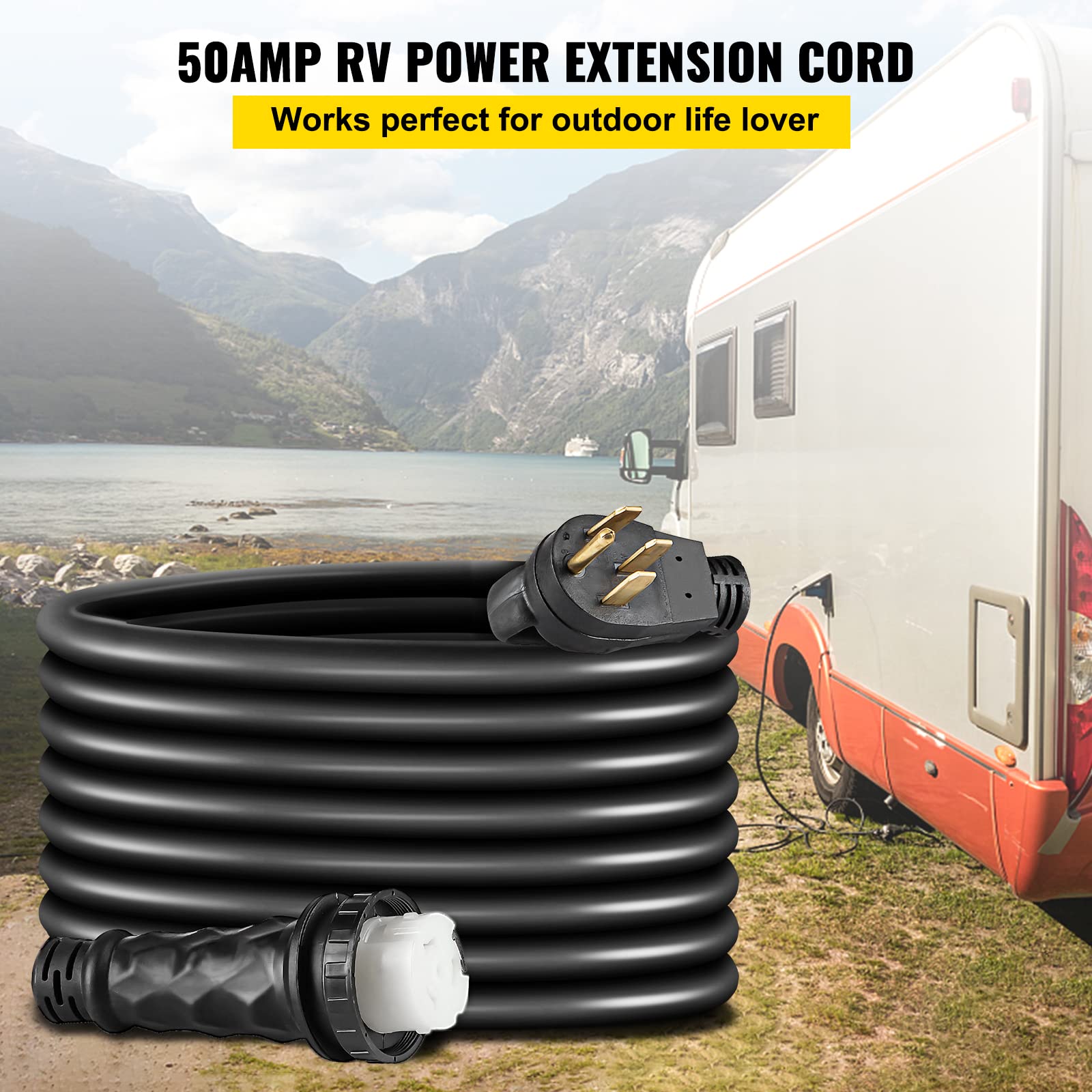 VEVOR 50 FT 50 AMP RV Extension Cord NEMA 14-50P to SS2-50R, Heavy Duty 6/3 + 8/1 STW Twist Lock RV Power Cord with Handles for Trailer Motorhome Camper