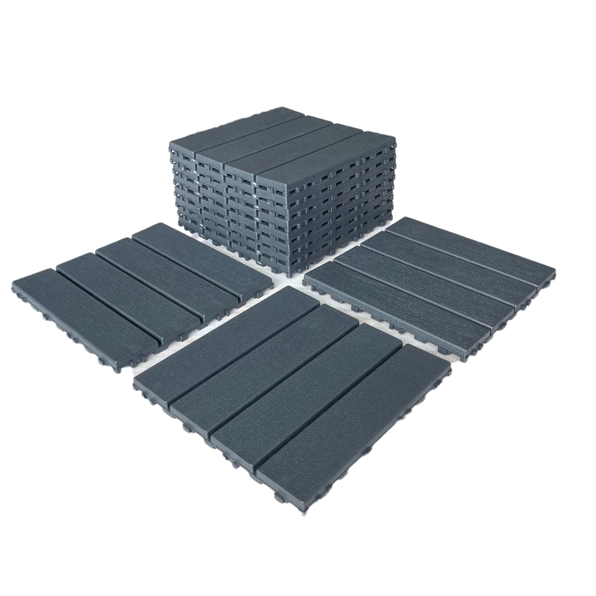 44 PCS Interlocking Deck Tiles,12" x 12" Waterproof Plastic Outdoor Flooring,Anti Moisture&Decay All Weather Board for Patio,Pool,Backyard(Dark Gray)（Striped Pattern）