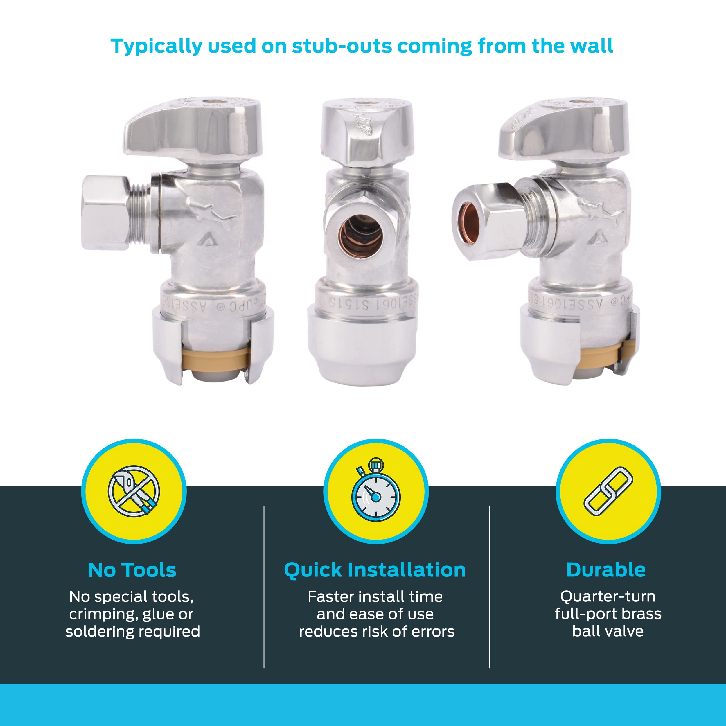 SharkBite 1/2 x 3/8 Inch Compression Angle Stop Valve, Quarter Turn, Push to Connect Brass Plumbing Fitting, PEX Pipe, Copper, CPVC, PE-RT, HDPE, 23036-0000LF