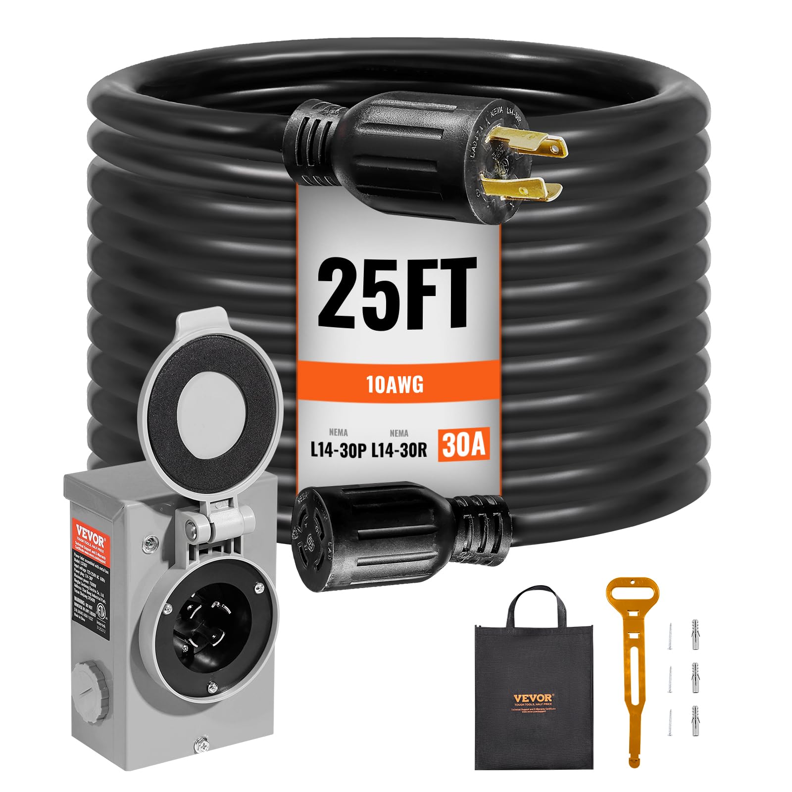 VEVOR 30 Amp Generator Cord and Power Inlet Box Kit, 25 FT Generator Extension Cord NEMA L14-30P/L14-30R STW 10 AWG with Twist Lock Connector, Pre-Drilled Inlet Box, ETL Listed