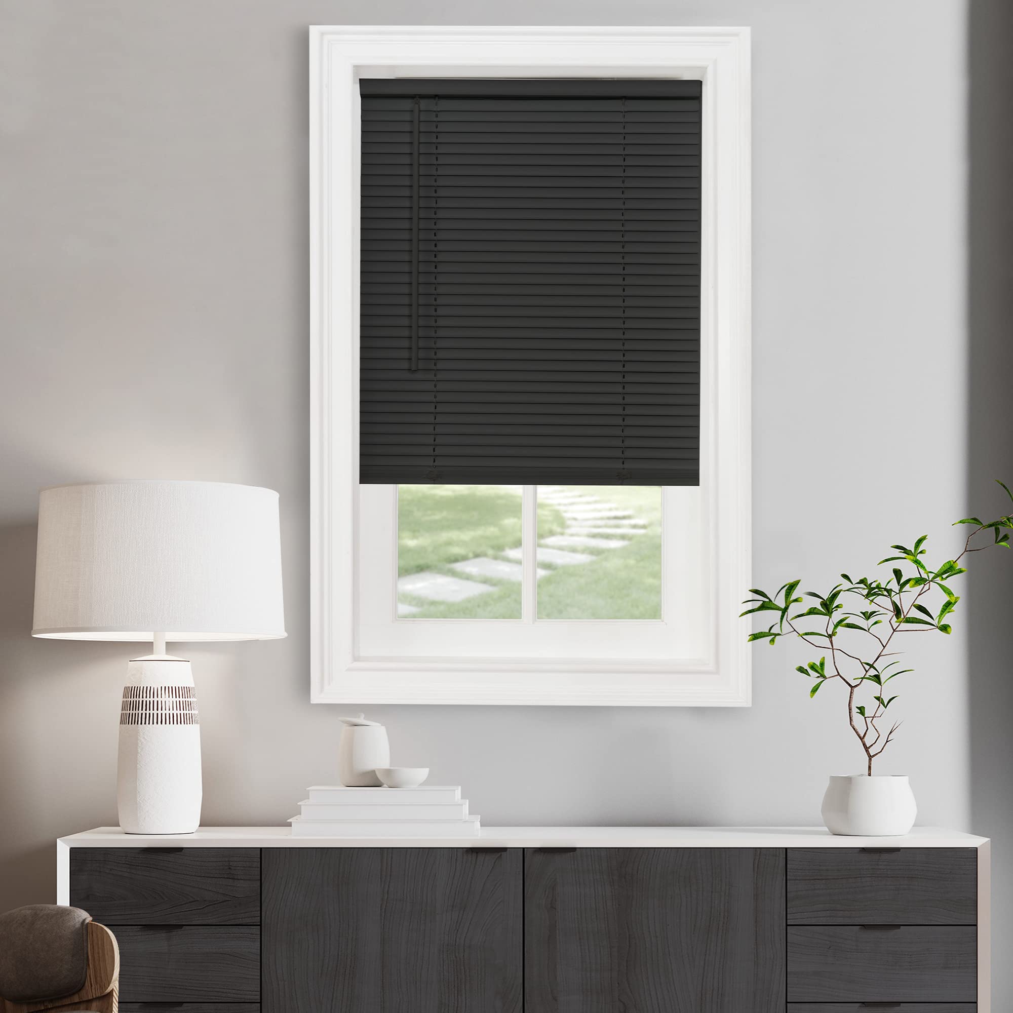 Cordless Light Filtering Mini Blind - 36 Inch Length, 64 Inch Height, 1" Slat Size - Black - Cordless GII Morningstar Horizontal Windows Blinds for Interior by Achim Home Decor