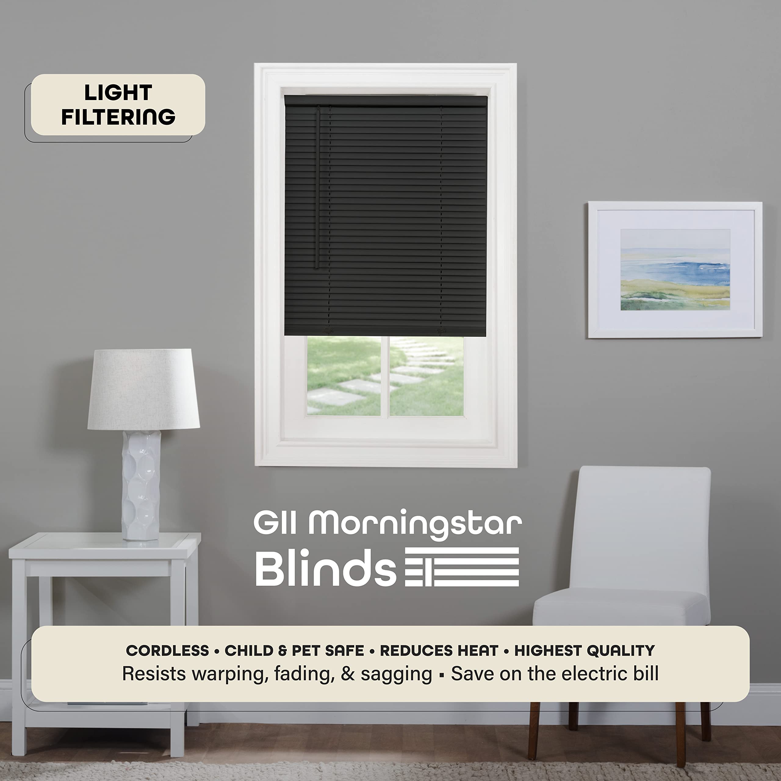 Cordless Light Filtering Mini Blind - 36 Inch Length, 64 Inch Height, 1" Slat Size - Black - Cordless GII Morningstar Horizontal Windows Blinds for Interior by Achim Home Decor