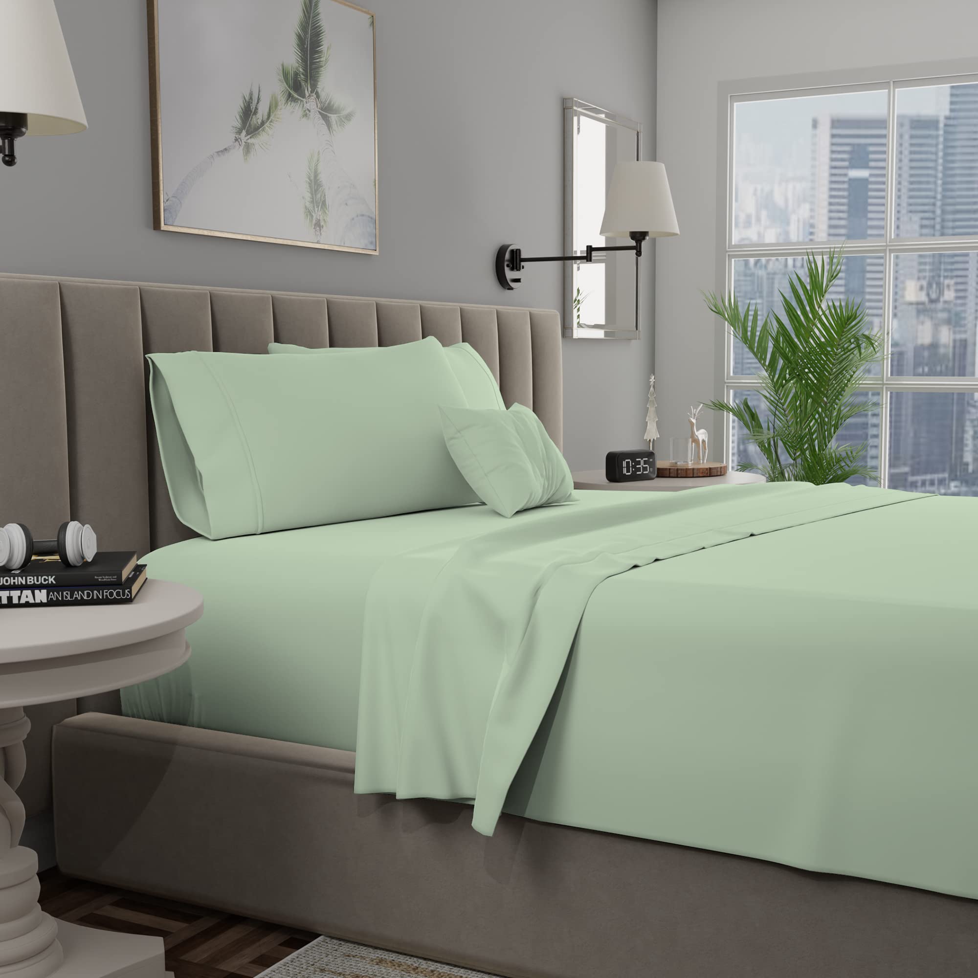 Purity Home 400 Thread Count 100% Cotton Sheets, Cooling Percale Queen Sage Green Sheet Set, with Elasticized Deep Pocket Bed Sheets, Hotel Luxury 4 Piece Queen Size Bedding Set - Queen, Sage Green