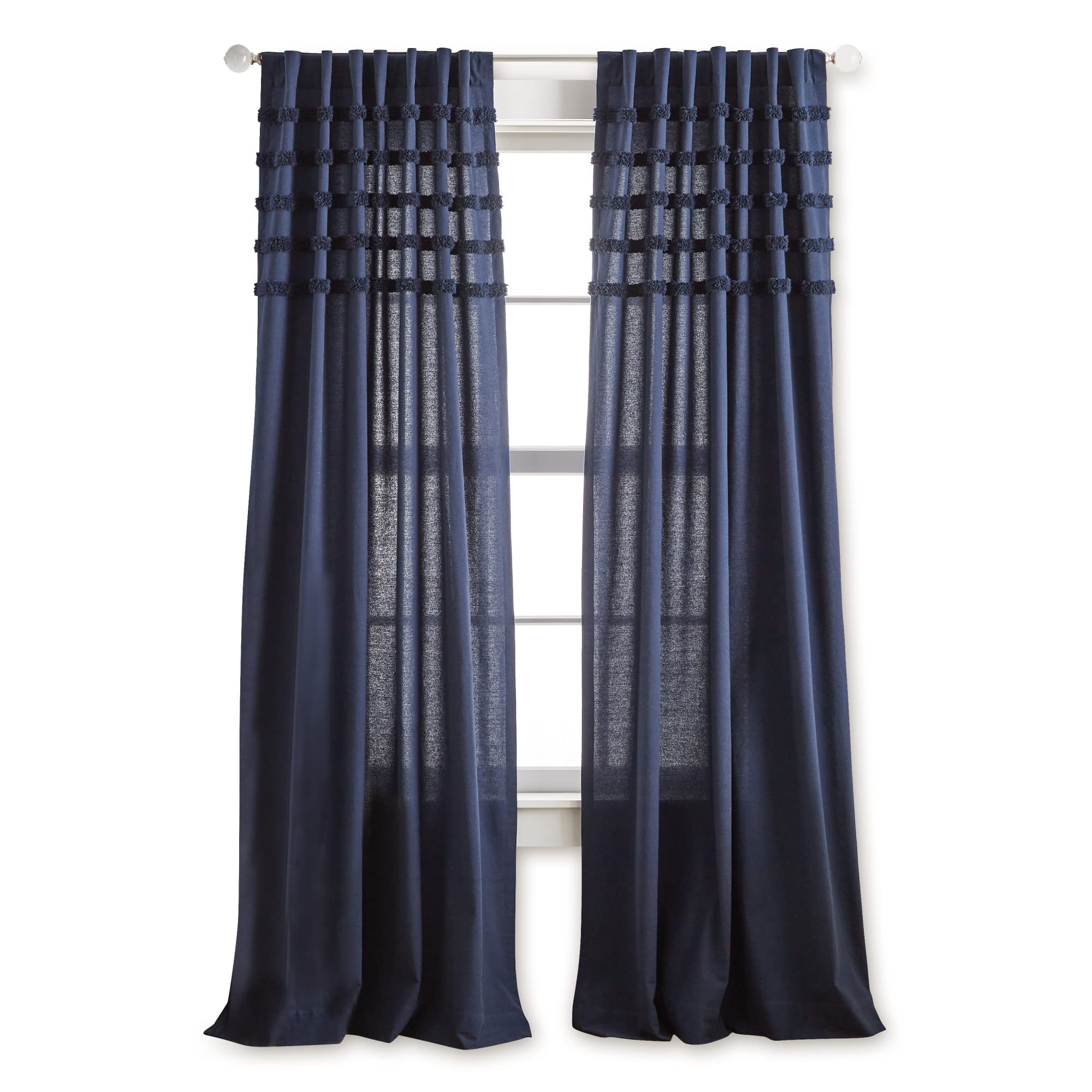 MARTHA STEWART Water's Edge Tufted Rod Pocket/Back Tab Window Curtain Panel Pair, 95", Navy