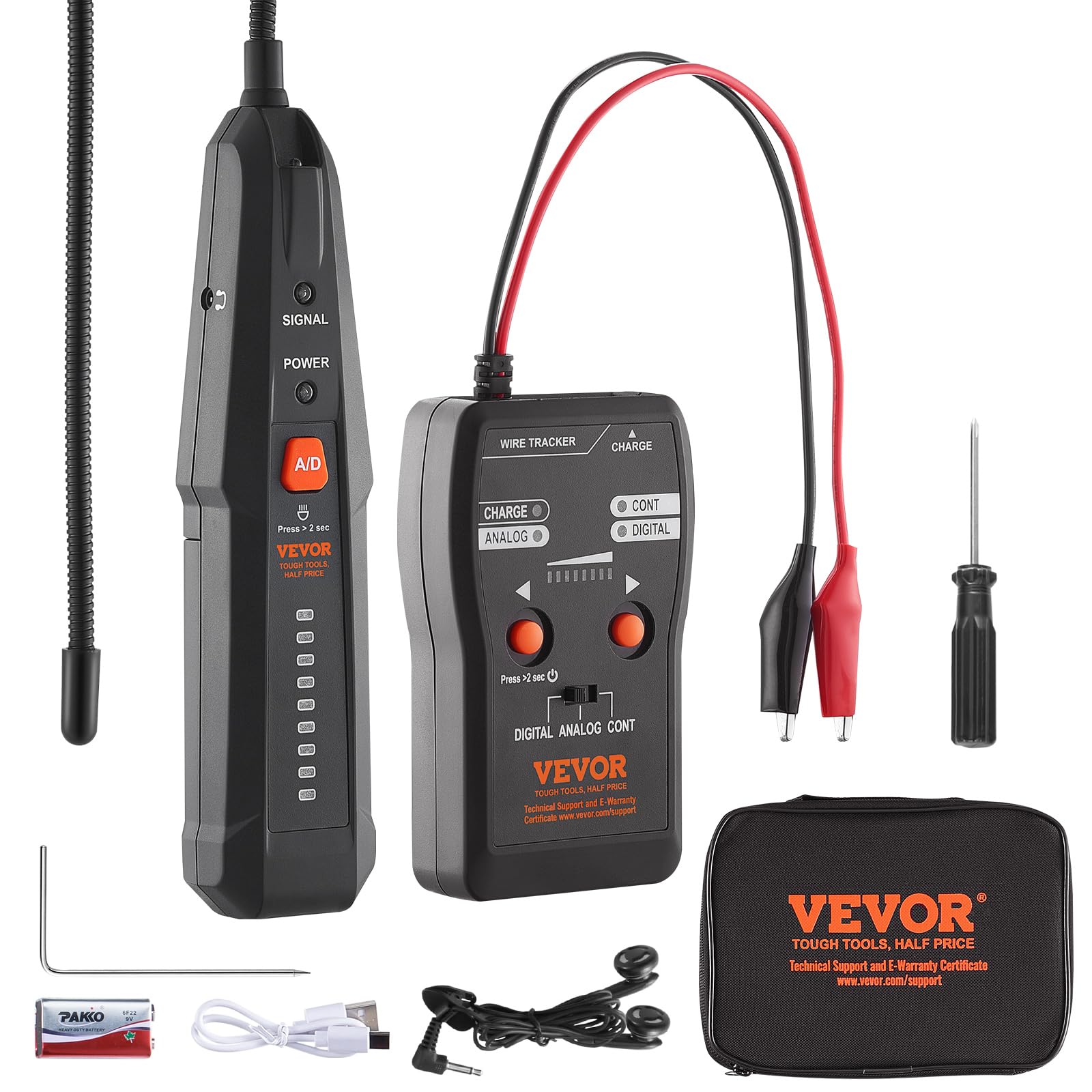 VEVOR Underground Cable Locator, 6.5Ft Max Detection Depth Wire Tracer Break Detector Finder with Earphone, 3280Ft Max. Detection Length Cable Tester for Pet Fence Buried Sprinkler Valve Irrigation