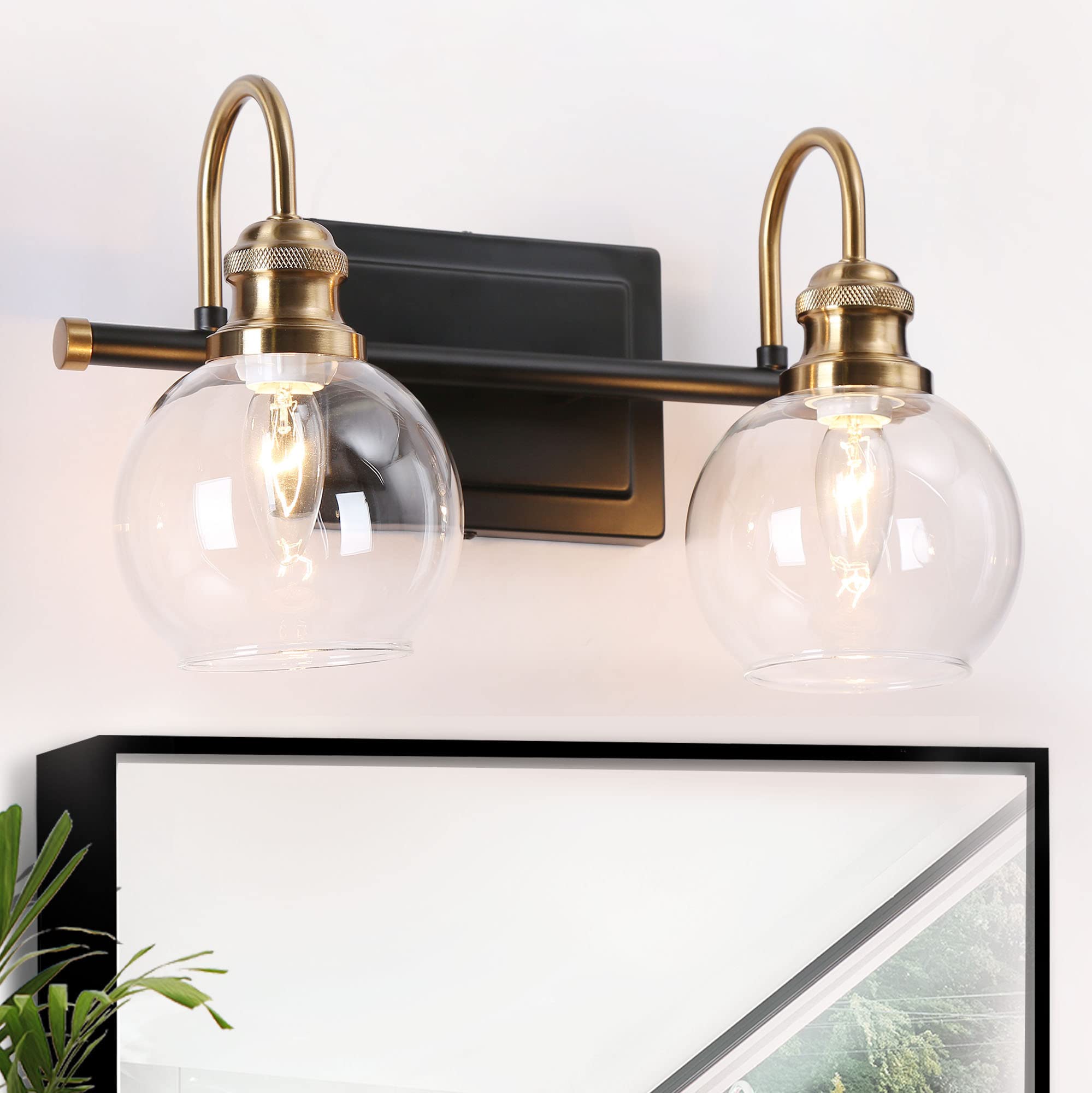 ZEVNI 2-Light Bathroom Lights Over Mirror, Black Gold Vanity Lighting Fixtures with Clear Glass Globes, 14.5" x 7" x 9"