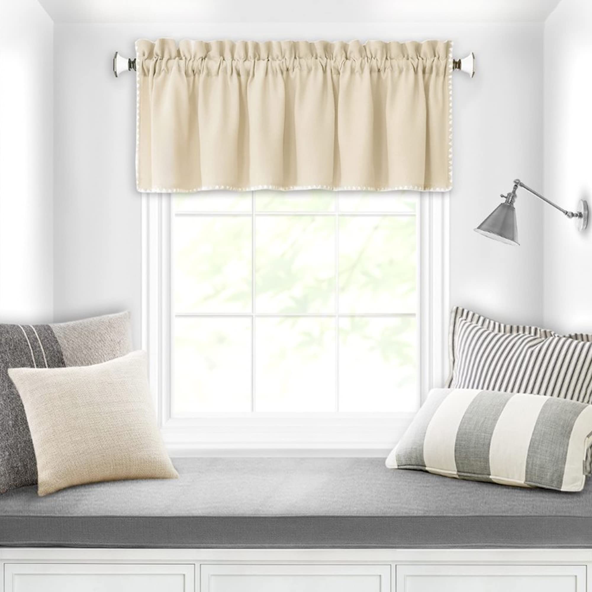 Kendal Window Curtain Valance - 58 Width, 14 Length, 1.5 Inch Rod Pocket - Tan/White - Ultra-Soft Light Filtering Fabric with Shell Stitch Embroidery & Machine Washable by Achim Home Decor