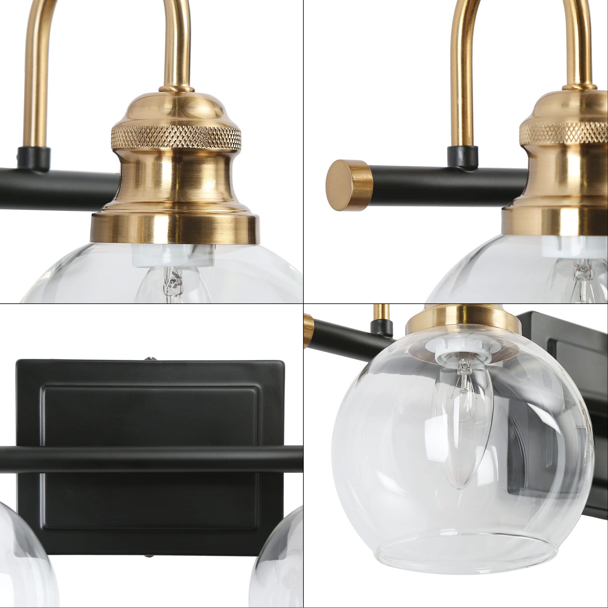 ZEVNI 2-Light Bathroom Lights Over Mirror, Black Gold Vanity Lighting Fixtures with Clear Glass Globes, 14.5" x 7" x 9"