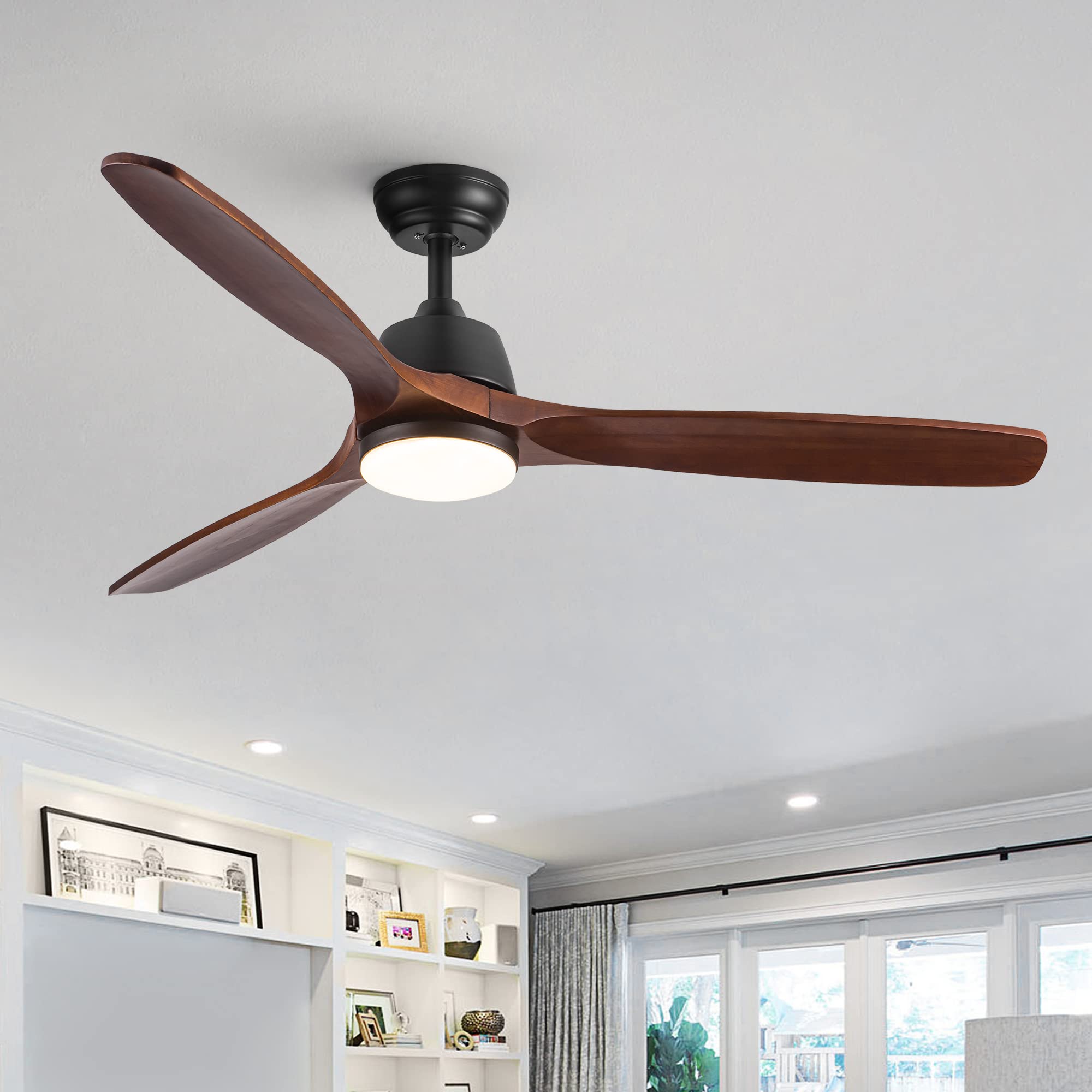 Teemful 52 Inch Wood Ceiling Fans with Lights Remote Control, Black Ceiling Fans with 3 Blade, Down Rod Mount, 6 Speed, Reversible DC Motor, Led Light Chandelier Ceiling Fan for Bedroom