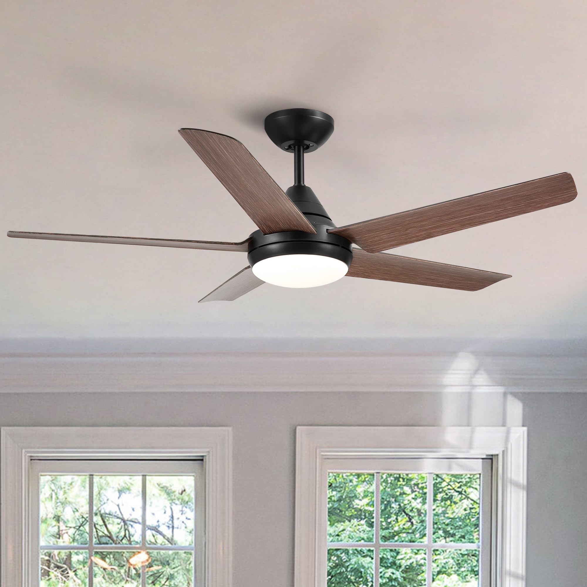 52 Inch Low Profile Ceiling Fan DC 3 Carved Wood Fan Blade Noiseless Reversible Motor Remote Control Without Light (D, 48‘’ Modern + Matte Black)