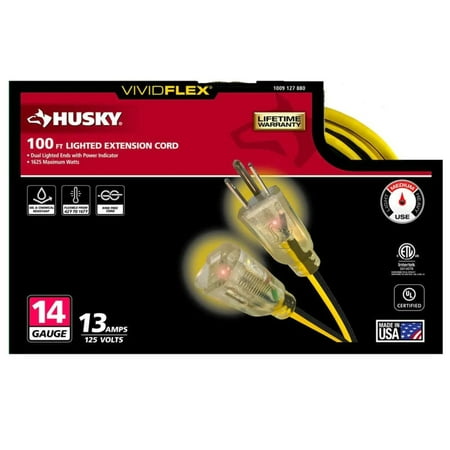 Husky VividFlex 100 Ft. 14/3 Heavy Duty Indoor/Outdoor Extension Cord with Lighted End  Yellow