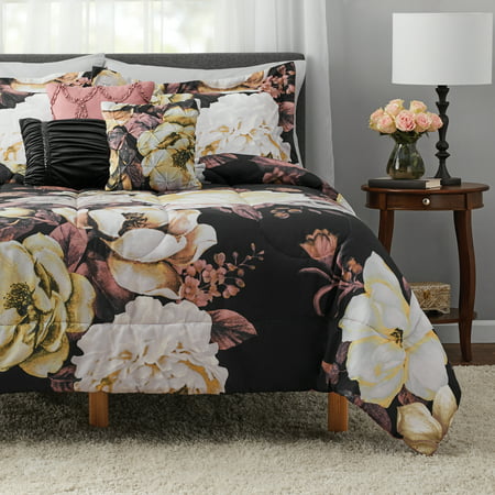 Mainstays Black Floral 10 Piece Bed in a Bag Comforter Set With Sheets  Full