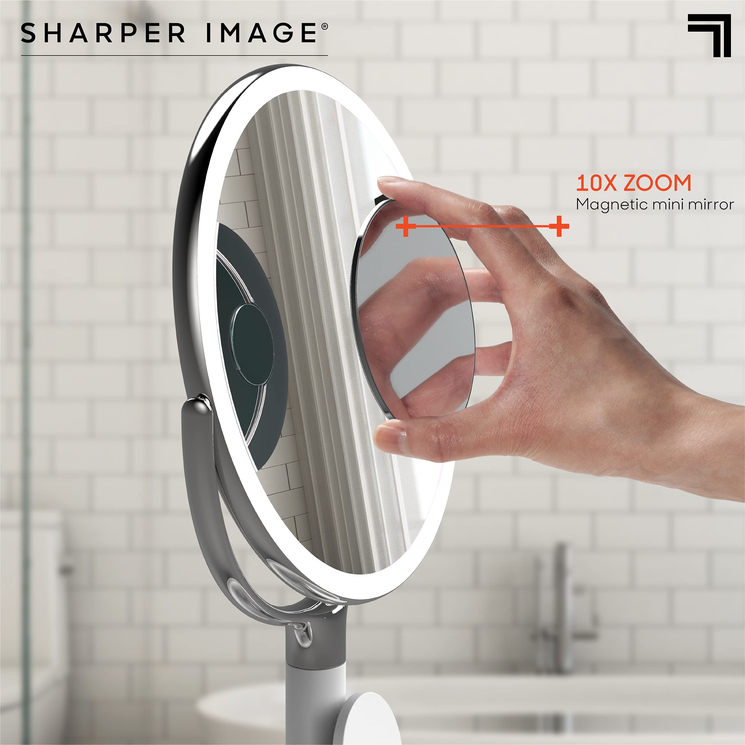 Sharper Image® SpaStudio™ 8” Vanity Mirror - Wireless Qi Charging Pad, Dimmable LED Halo Light Ring, 10X & 5X Magnification, Cosmetic Makeup Skincare Essential, Aesthetic Room Desk Decor Storage