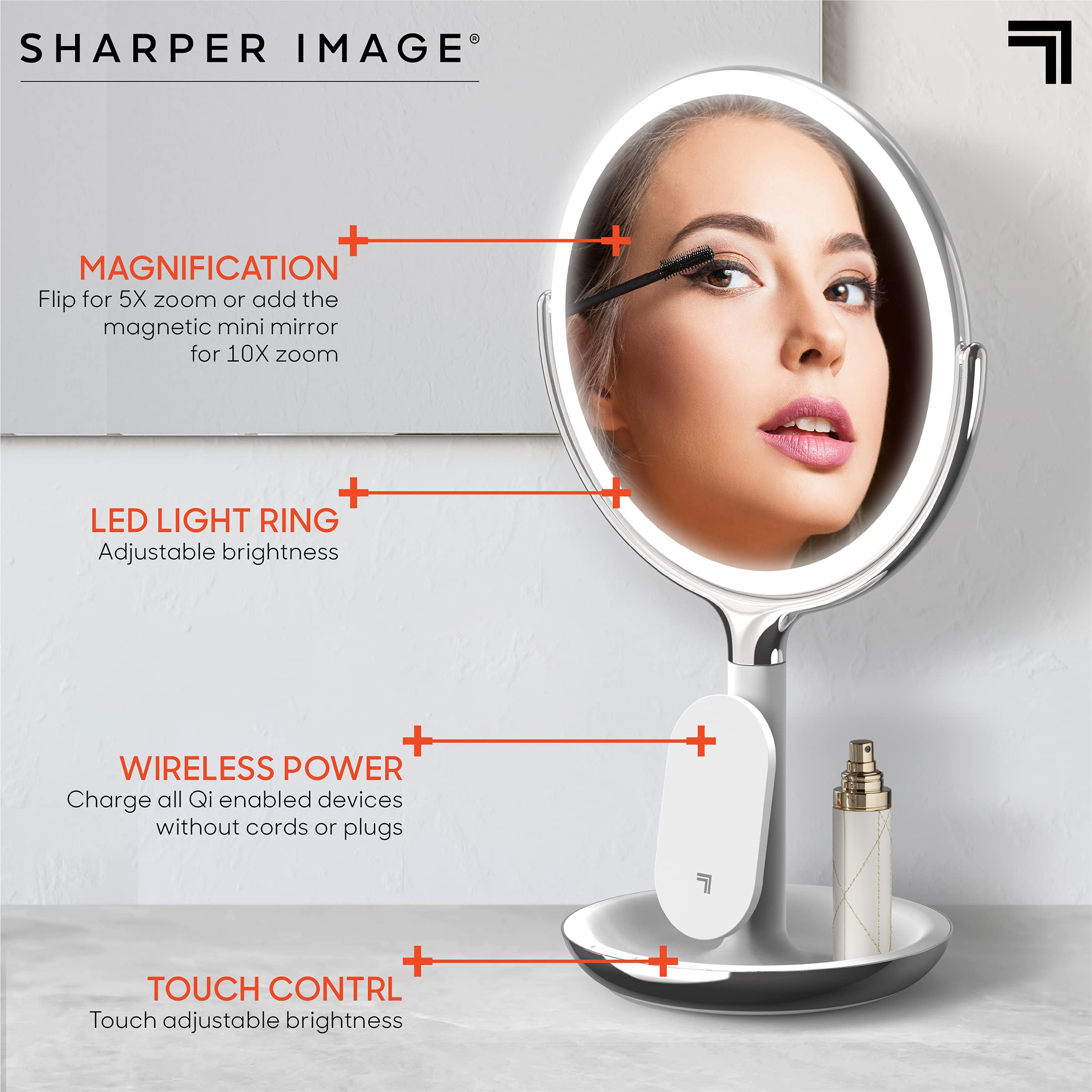 Sharper Image® SpaStudio™ 8” Vanity Mirror - Wireless Qi Charging Pad, Dimmable LED Halo Light Ring, 10X & 5X Magnification, Cosmetic Makeup Skincare Essential, Aesthetic Room Desk Decor Storage