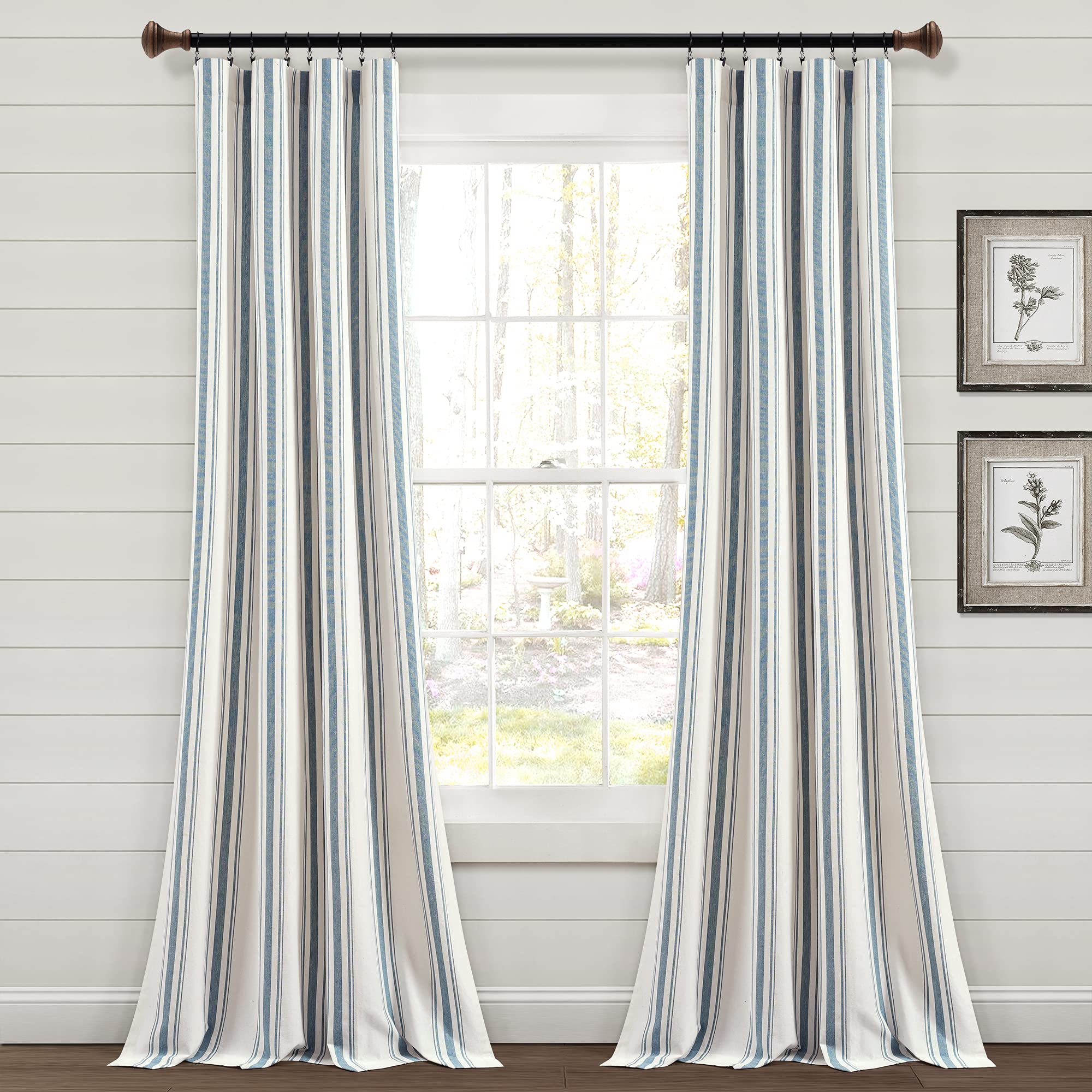 Lush Decor Farmhouse Stripe Yarn Dyed Eco-Friendly Recycled Cotton Window Curtain Panel Pair, 42" W x 95" L, Blue - Classic Modern Rustic Charm - Eco Friendly Cotton Fabric
