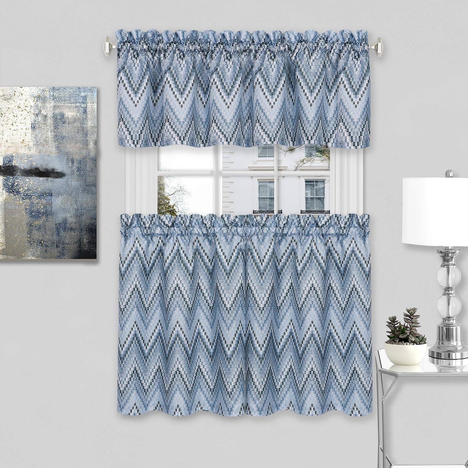 Achim Home Furnishings, Ice Blue Avery Window Curtain Tier Pair and Valance Set, 58"x36" (Model: AVTV36IB12)