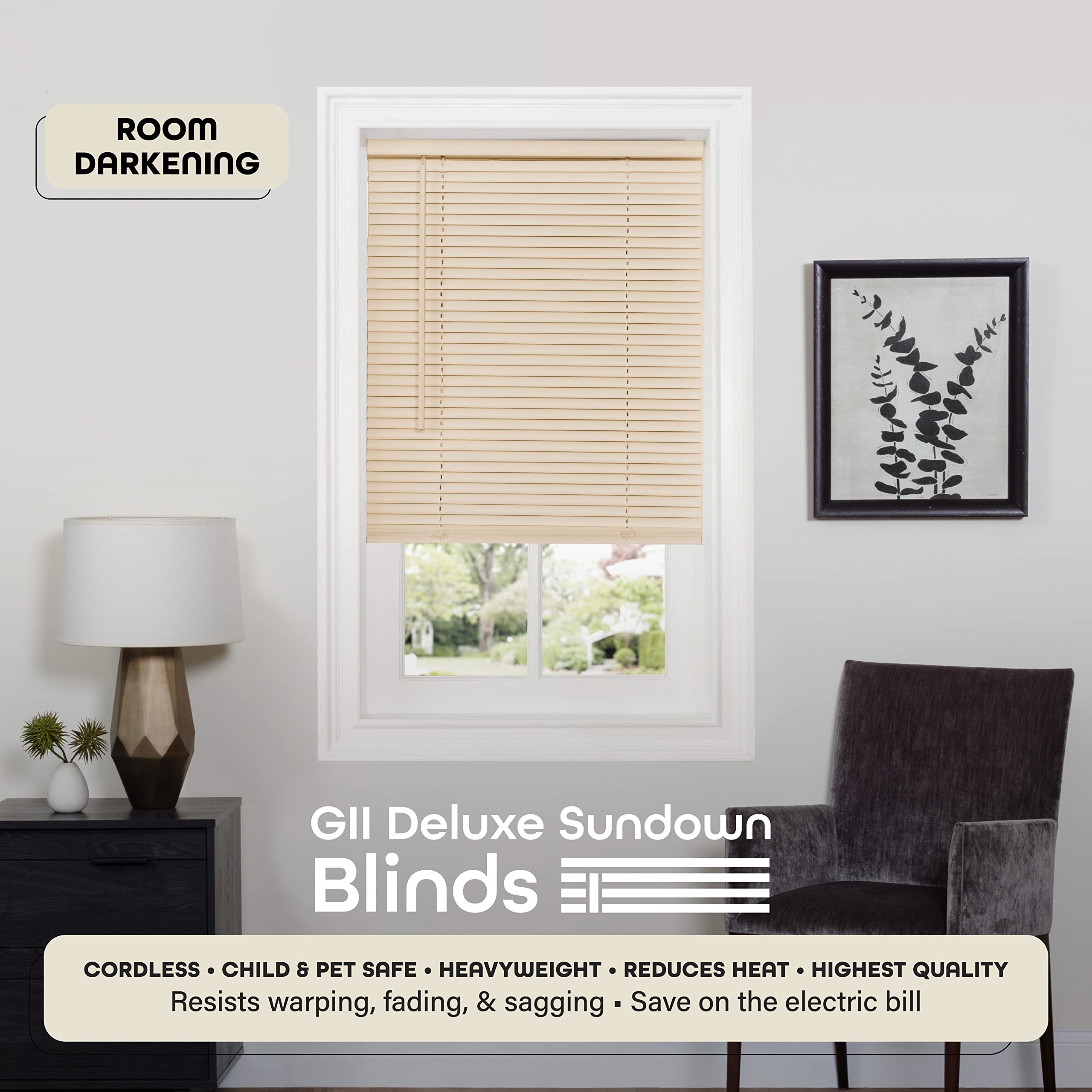 Cordless Room Darkening Mini Blind - 34 Inch Length, 64 Inch Height, 1" Slat Size - Alabaster - Cordless GII Deluxe Sundown Horizontal Windows Blinds for Interior by Achim Home Decor