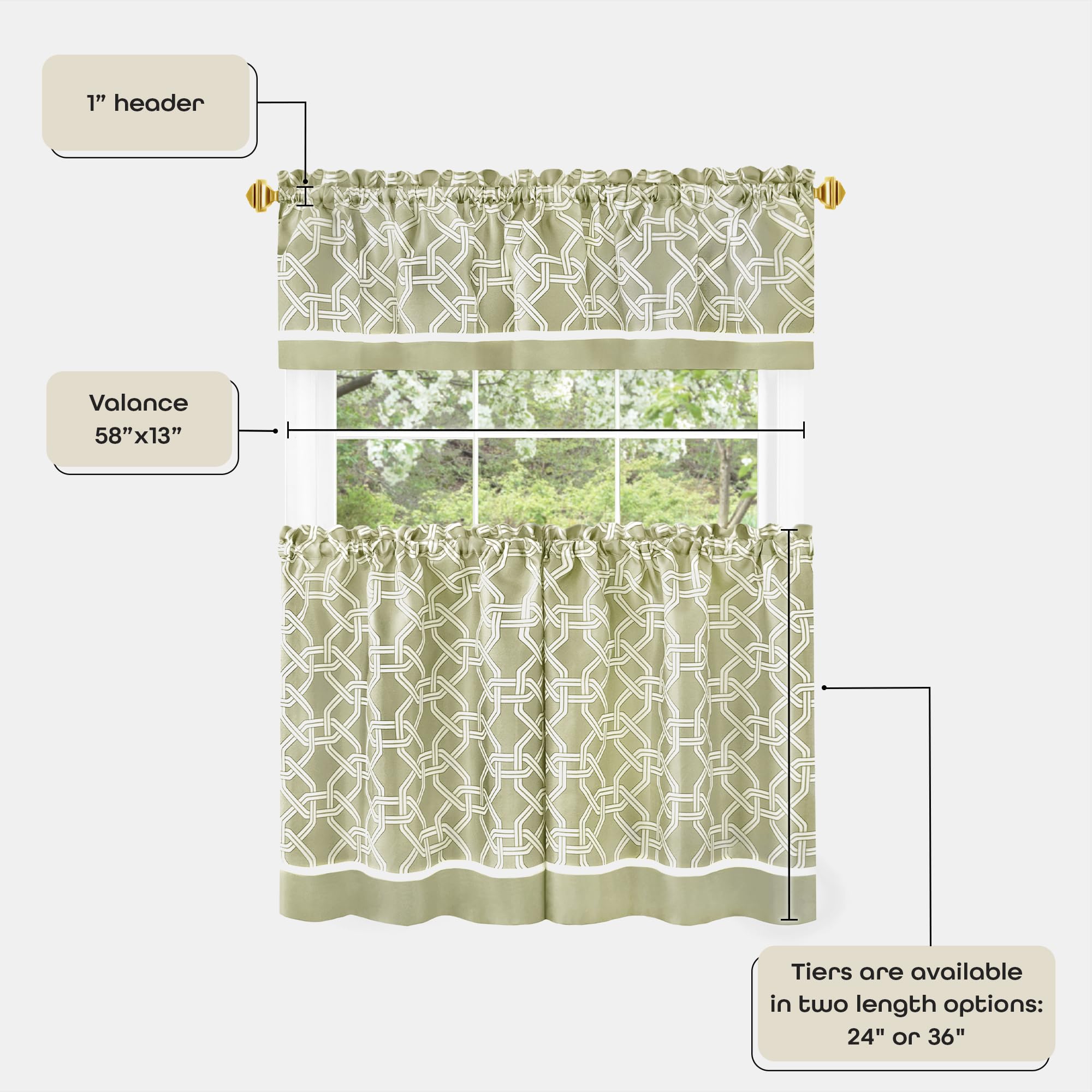 Light Filtering Printed Tier & Valance Window Curtain Set - 58 x 36/58 x 13 - Arlington (Green) - Machine Washable Polyester Drape for Kitchen, Living, & Dining Room by Achim Home Décor