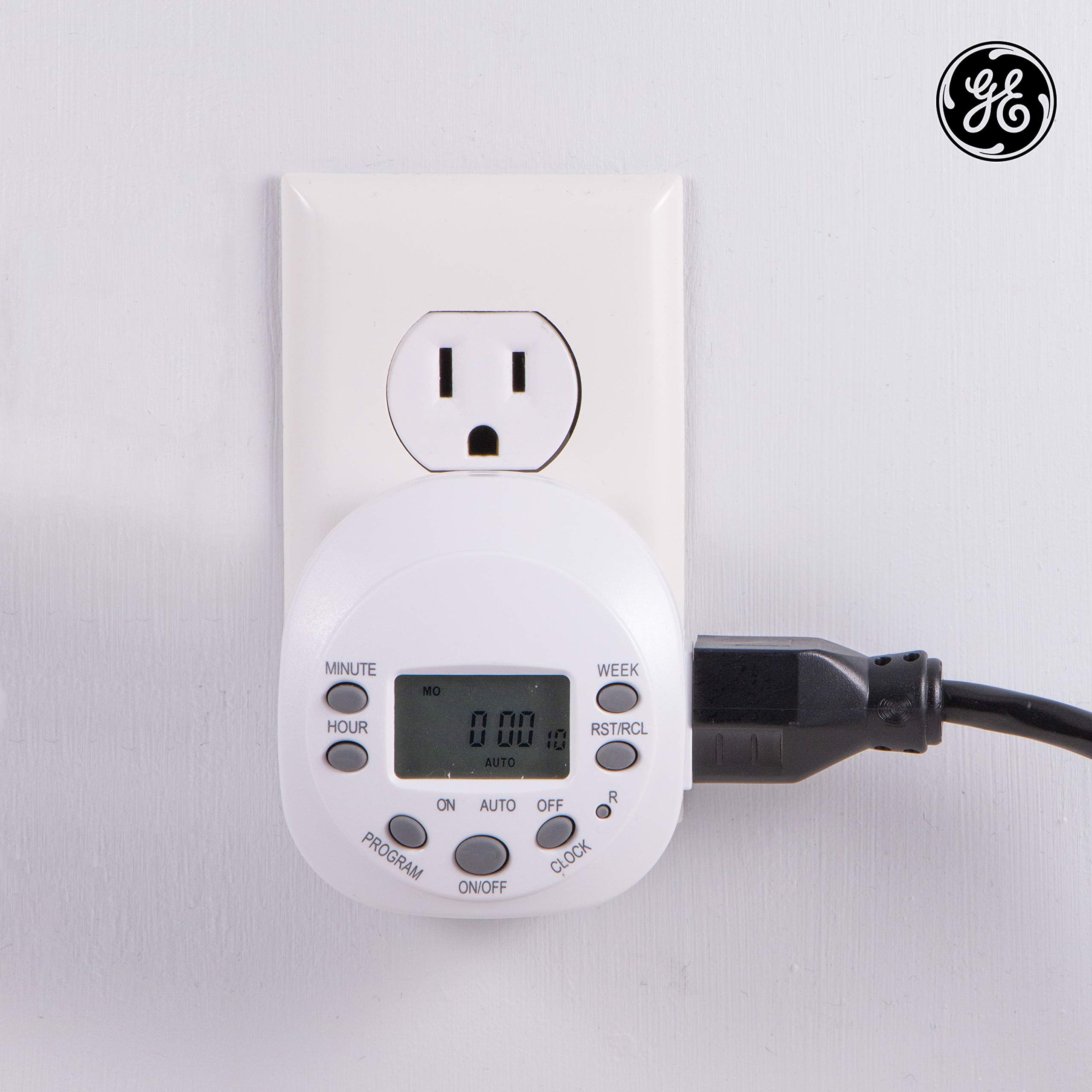 GE 7-Day Programmable Indoor Digital Timer, 1 Grounded Outlet Timer, Weekly / 7 Day Cycle Timer Plug, Timer For Electrical Outlets, 125 VAC Light Timer, Plug Timer, Lamp Timer, White, 1 Pack, 15150