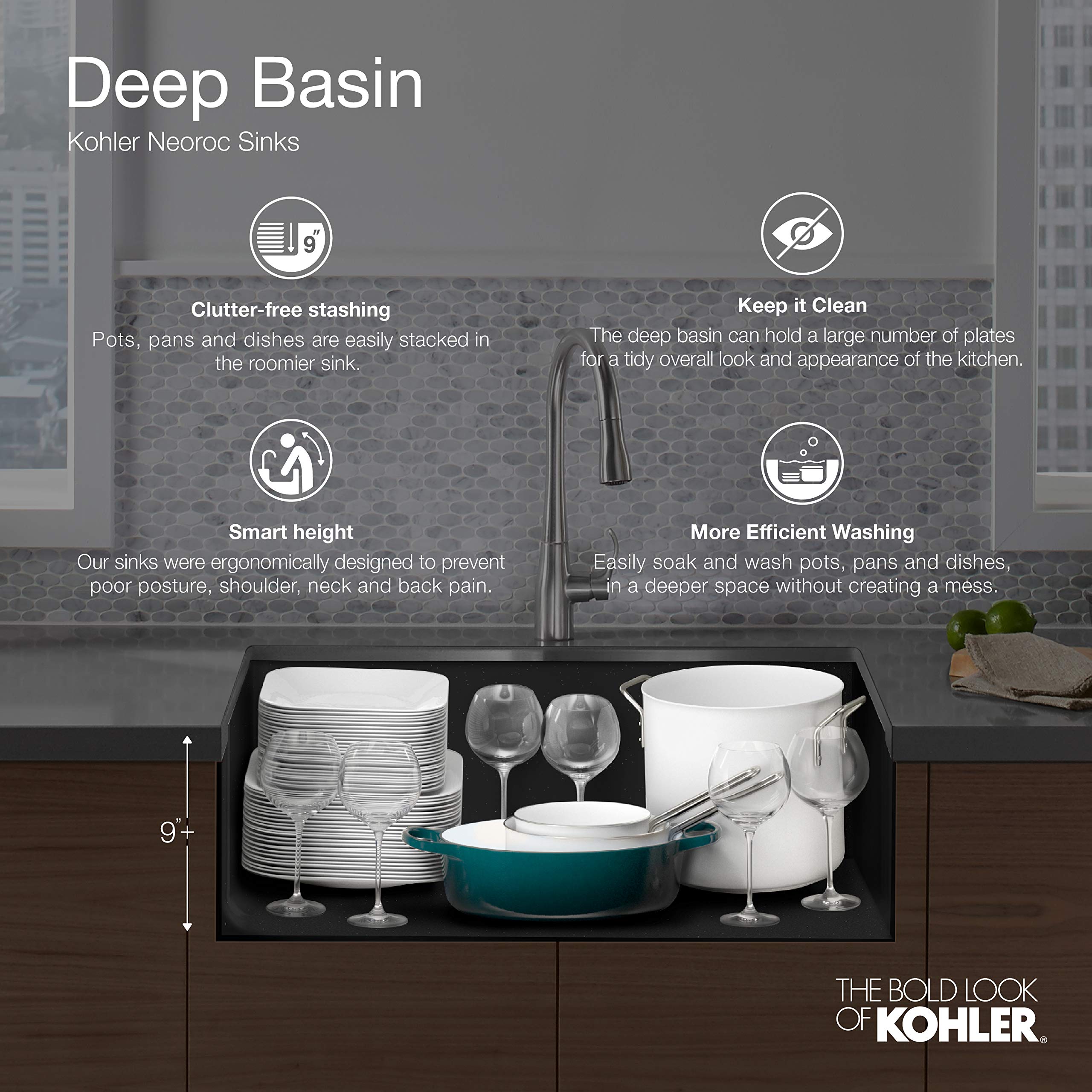 KOHLER K-8204-CM6 Cairn Sink, 33" Neoroc Composite Undermount Double-Bowl Kitchen Sink, Composite Kitchen Sink with Sink Rack, Matte White