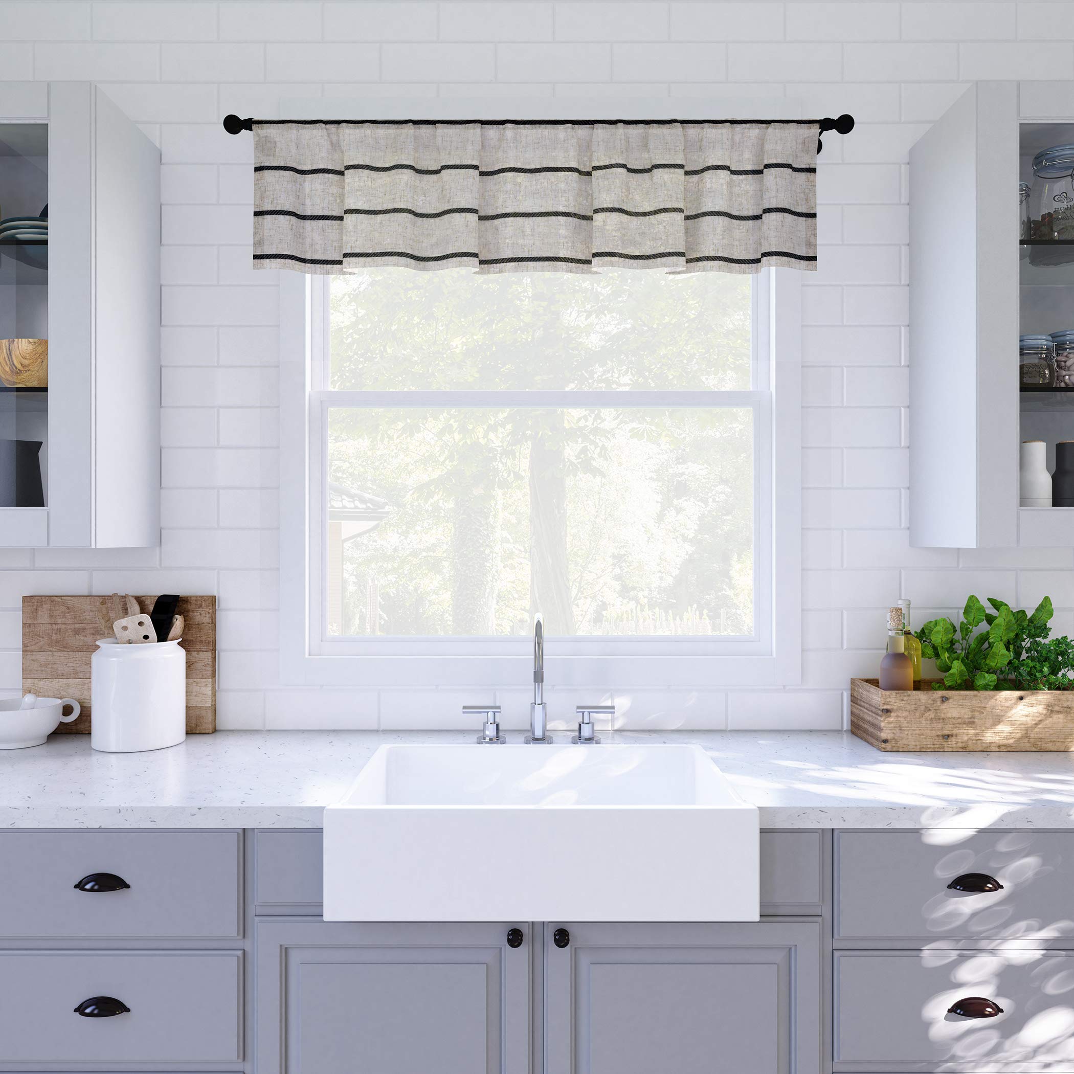 Clean Window Twill Stripe Anti-Dust Allergy/Pet Friendly Anti-Dust Sheer Cafe Valance, 52" x 14", Black/Linen