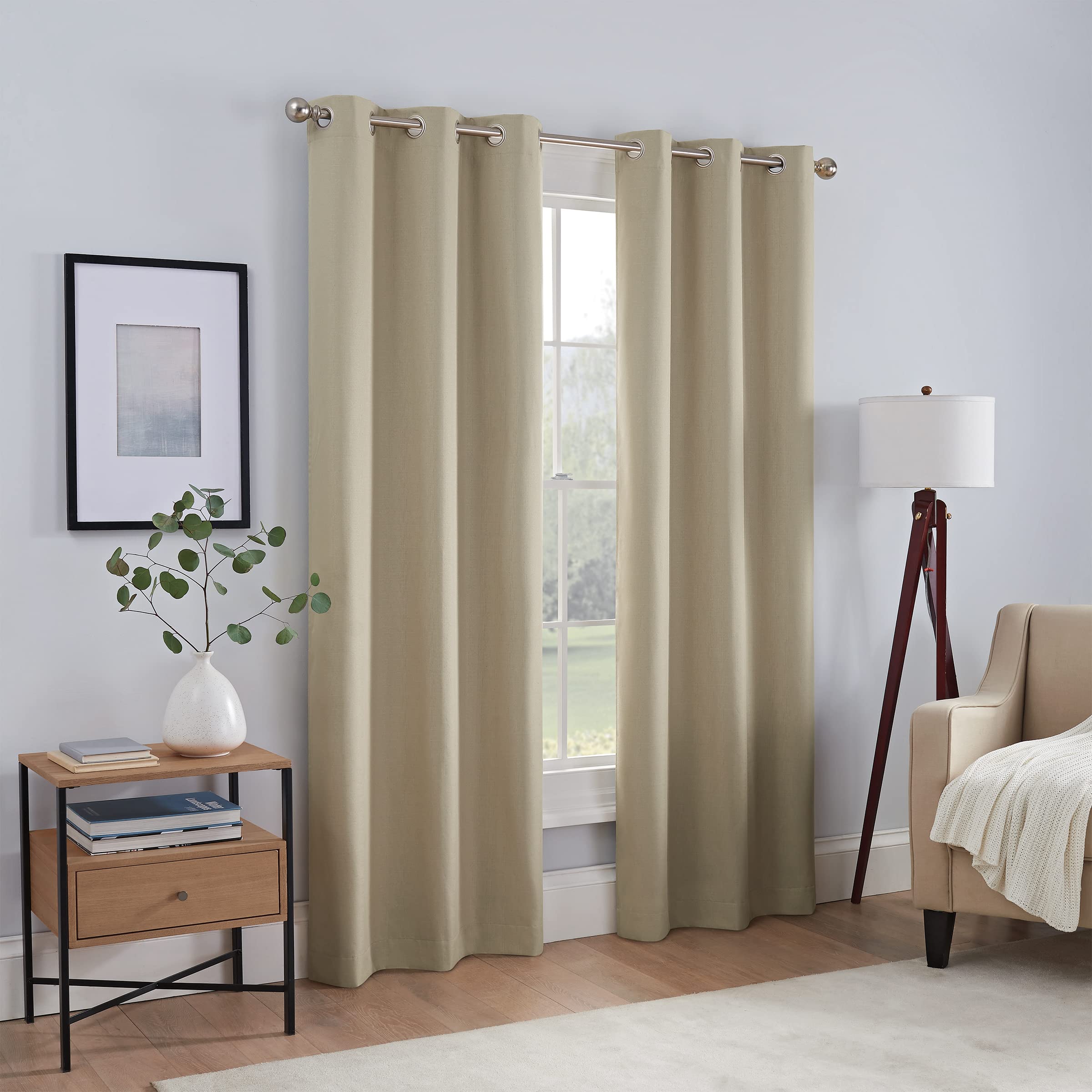 ECLIPSE Kylie Absolute Zero Blackout Noise Reducing Grommet Lined Window Curtains for Living Room (2 Panels), 37 in x 84 in, Tan