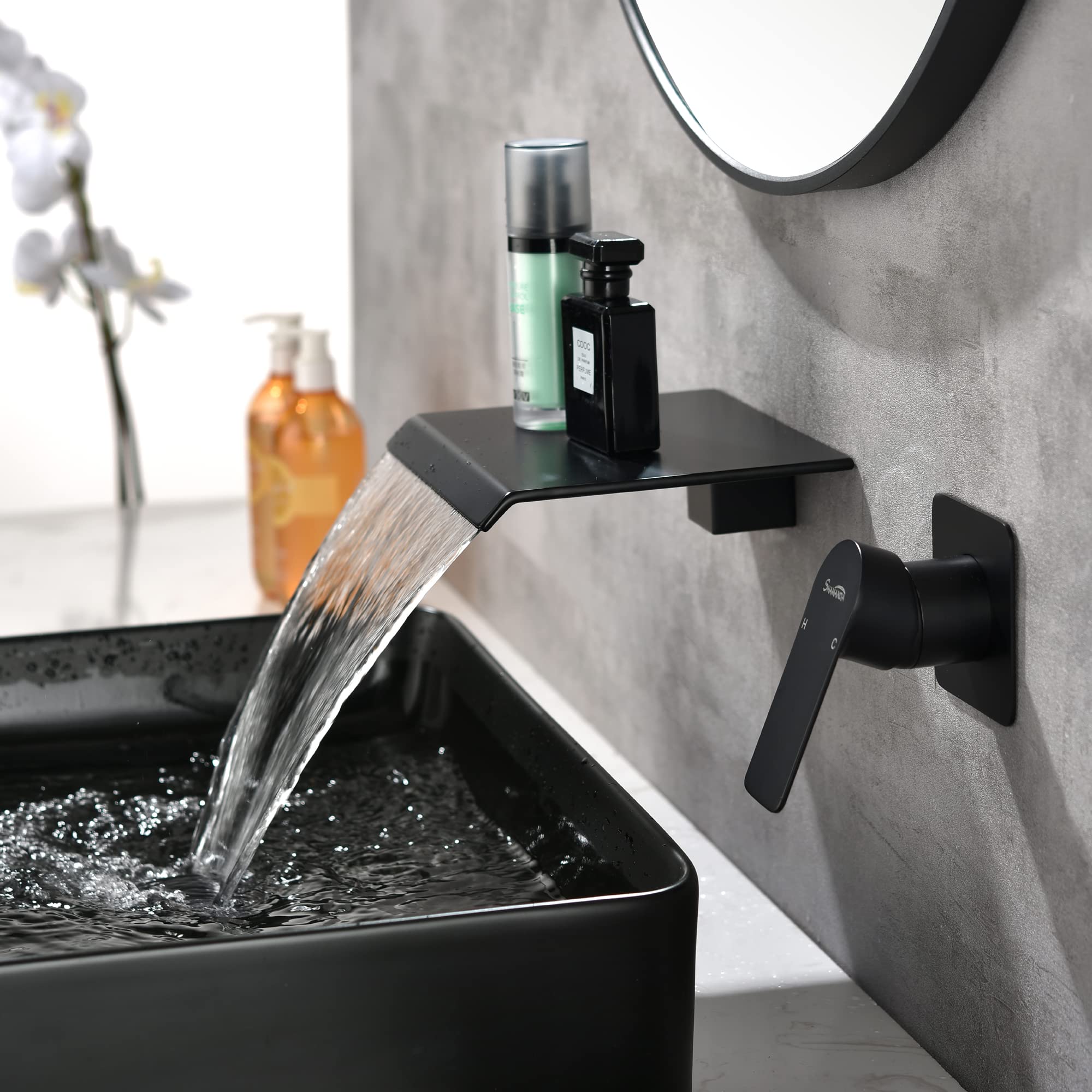 SHAMANDA Wall Mount Bathtub Faucet, Waterfall Roman Tub Filler Faucet Single Handle Bathroom Sink Faucet with Rough-in Valve and Trim Kit, Matte Black, LW01-7