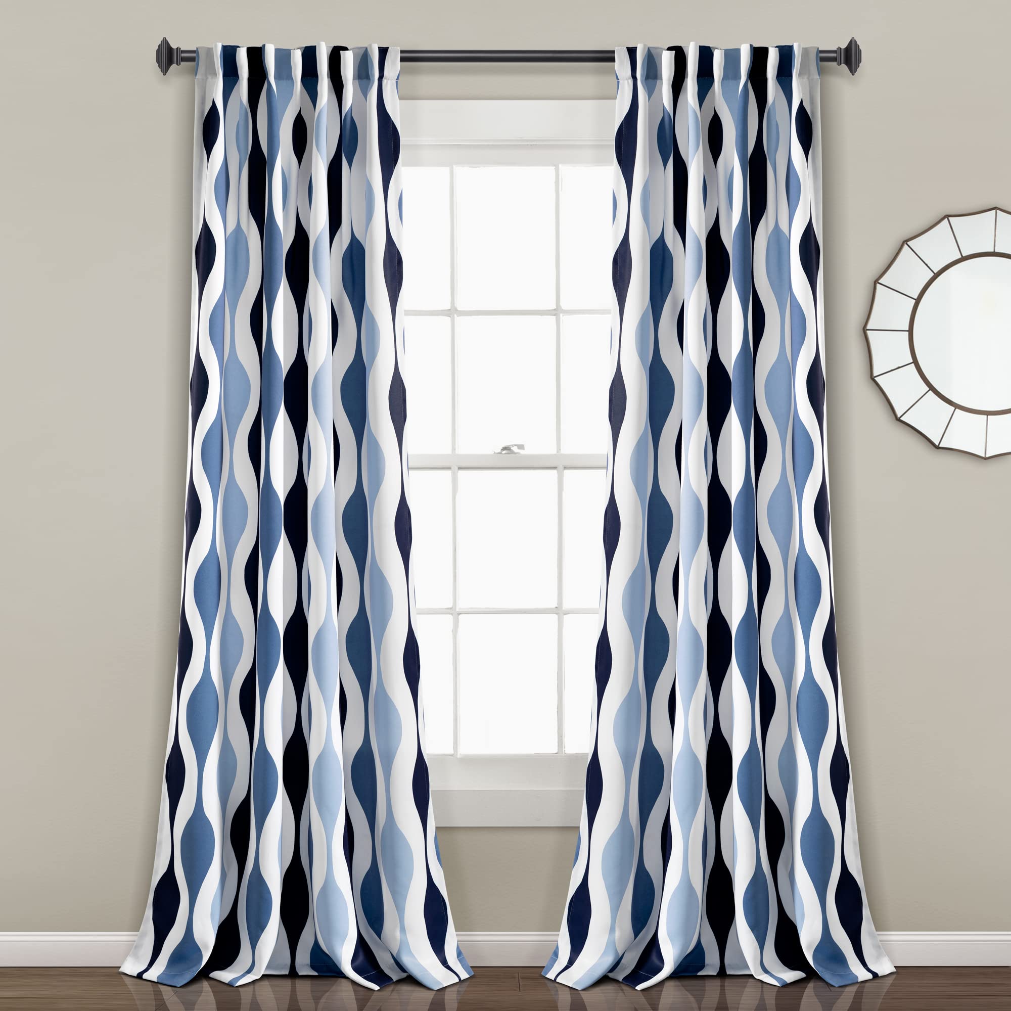 Lush Decor Mid Century Geo Light Filtering Window Curtain Panel Pair, 84" L x 52" W, Blue & Gray