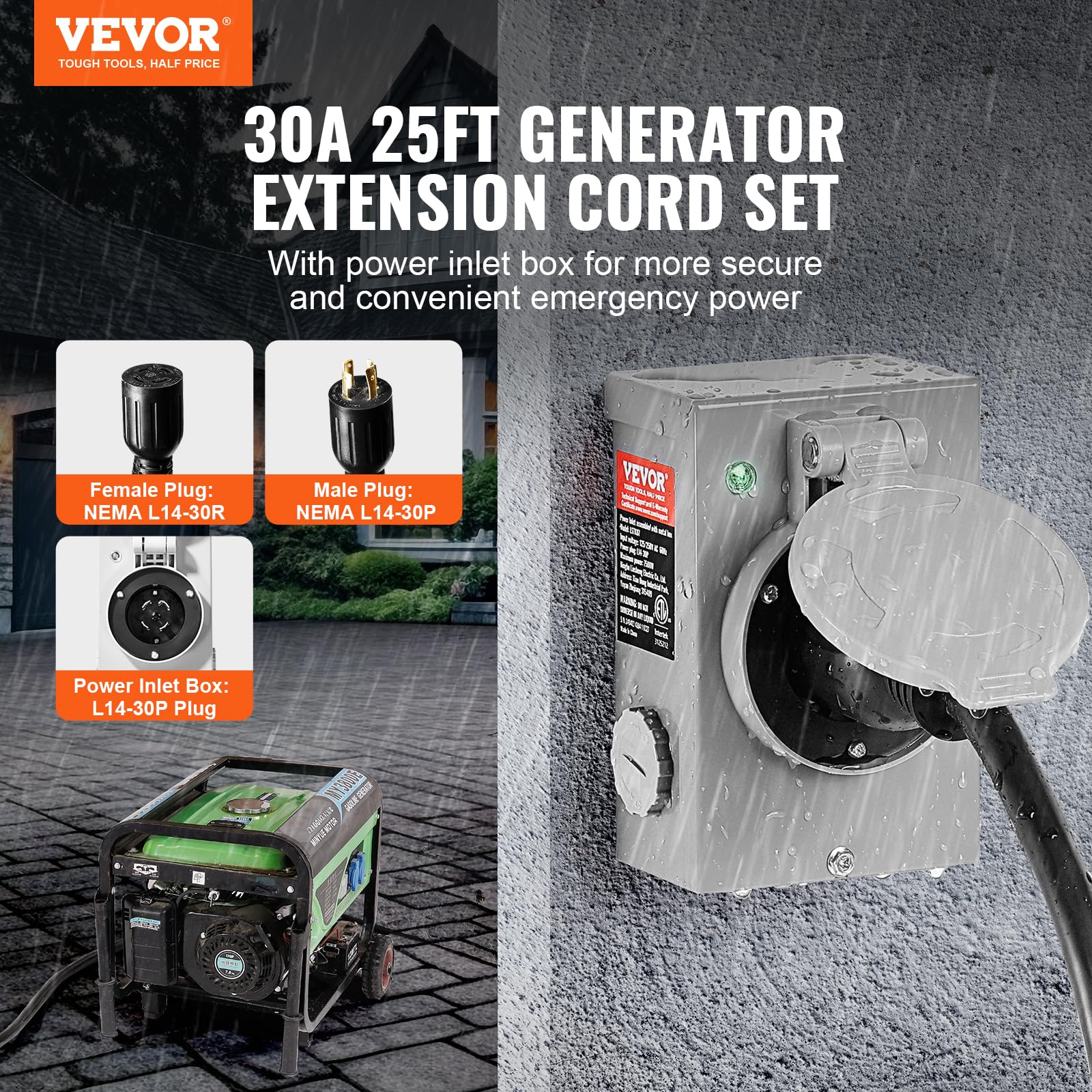 VEVOR 30 Amp Generator Cord and Power Inlet Box Kit, 25 FT Generator Extension Cord NEMA L14-30P/L14-30R STW 10 AWG with Twist Lock Connector, Pre-Drilled Inlet Box, ETL Listed