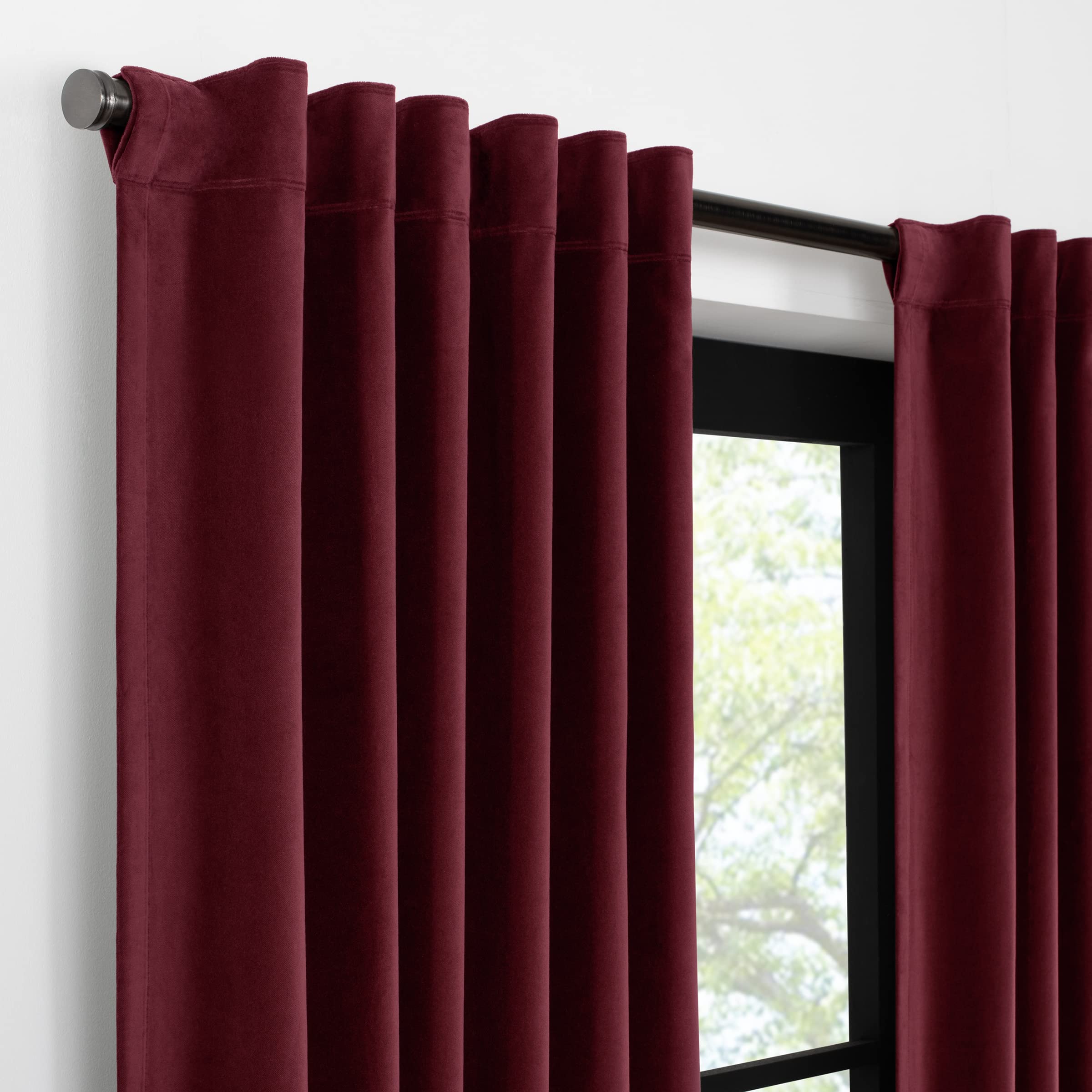 Eclipse Luxury Cotton Velvet 100% Blackout Rod Pocket Back Tab 96" x 50" Curtain Window Panel in Port