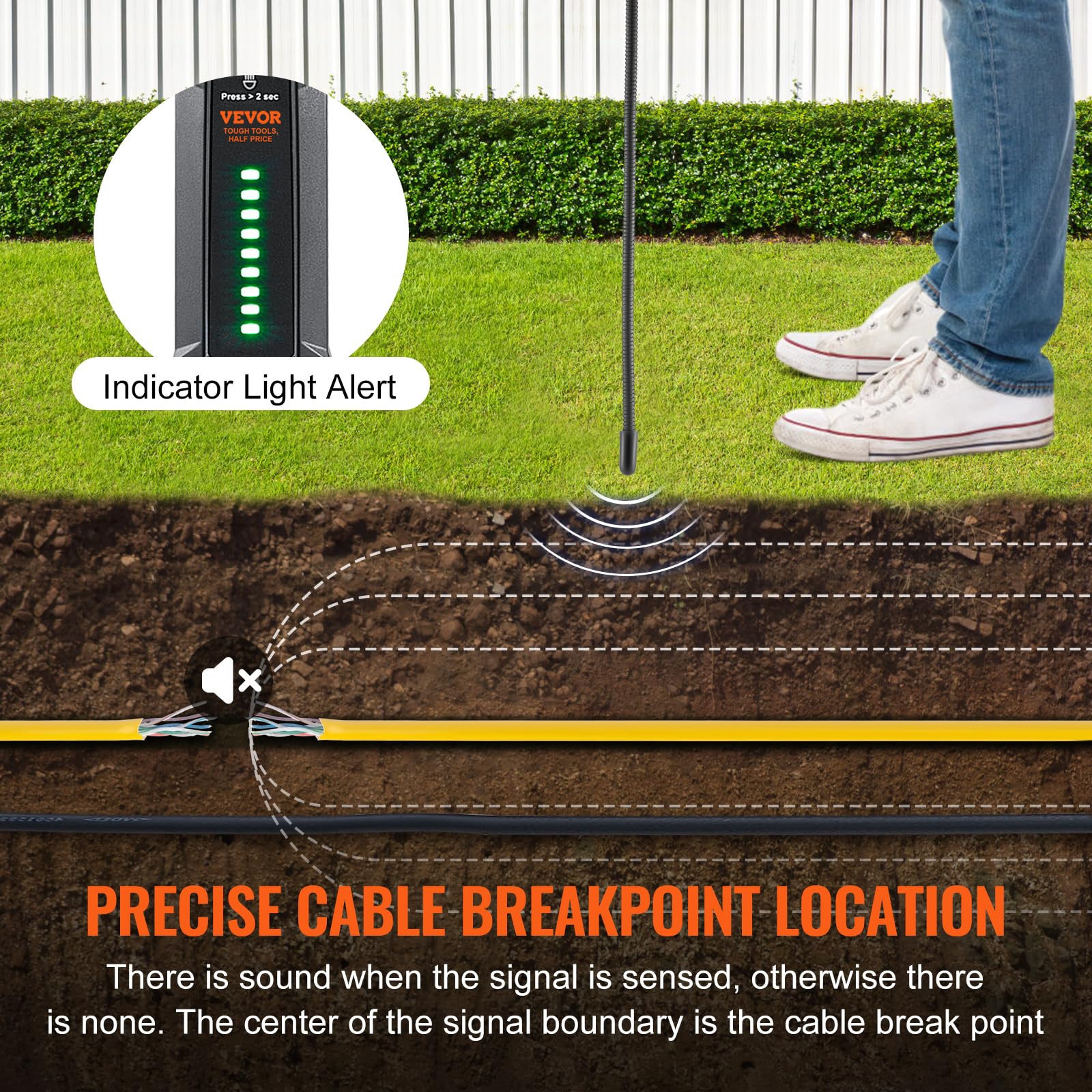 VEVOR Underground Cable Locator, 6.5Ft Max Detection Depth Wire Tracer Break Detector Finder with Earphone, 3280Ft Max. Detection Length Cable Tester for Pet Fence Buried Sprinkler Valve Irrigation