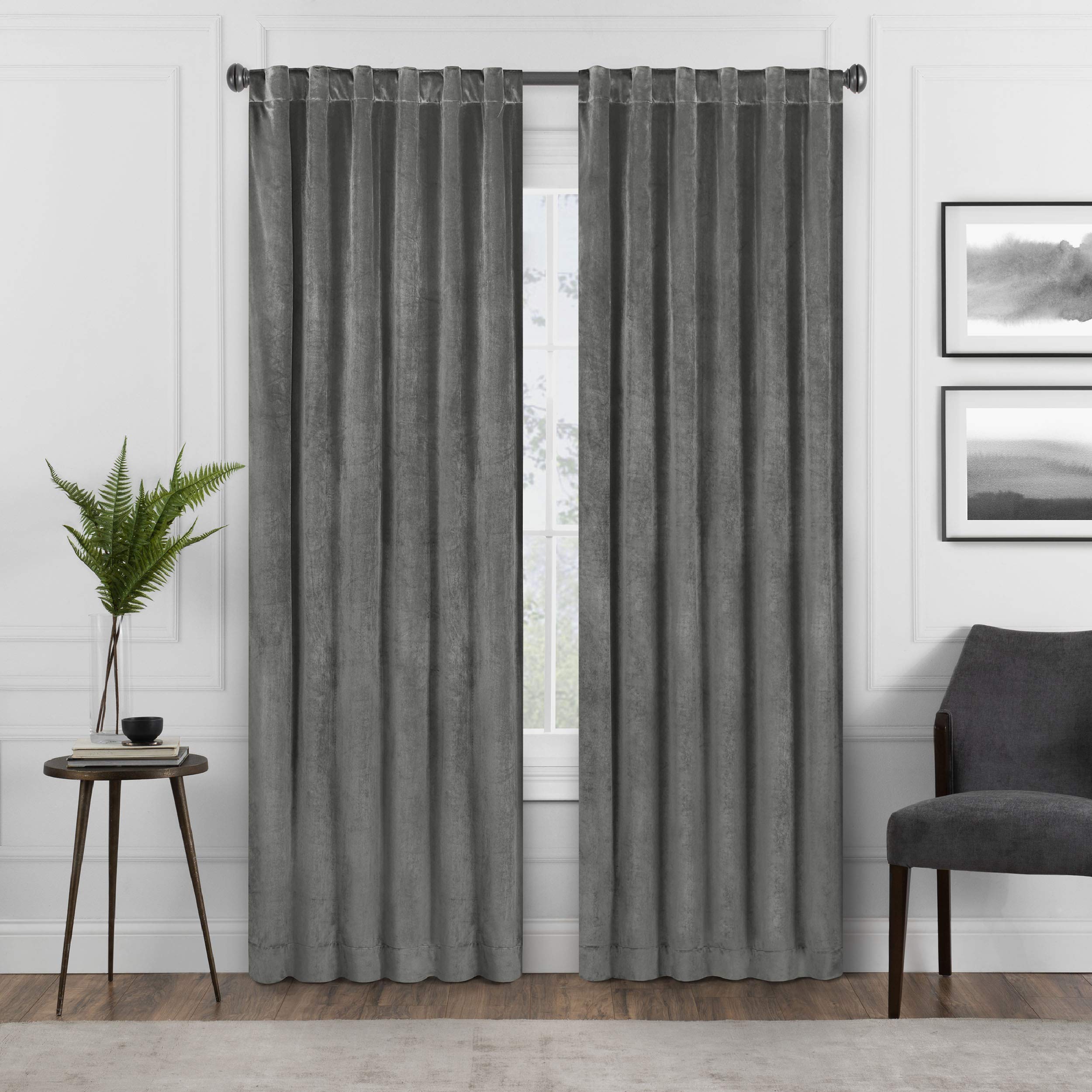 Eclipse Harper Velvet Rod Pocket Curtains for Bedroom, Single Panel, 50 in x 63 in, Charcoal