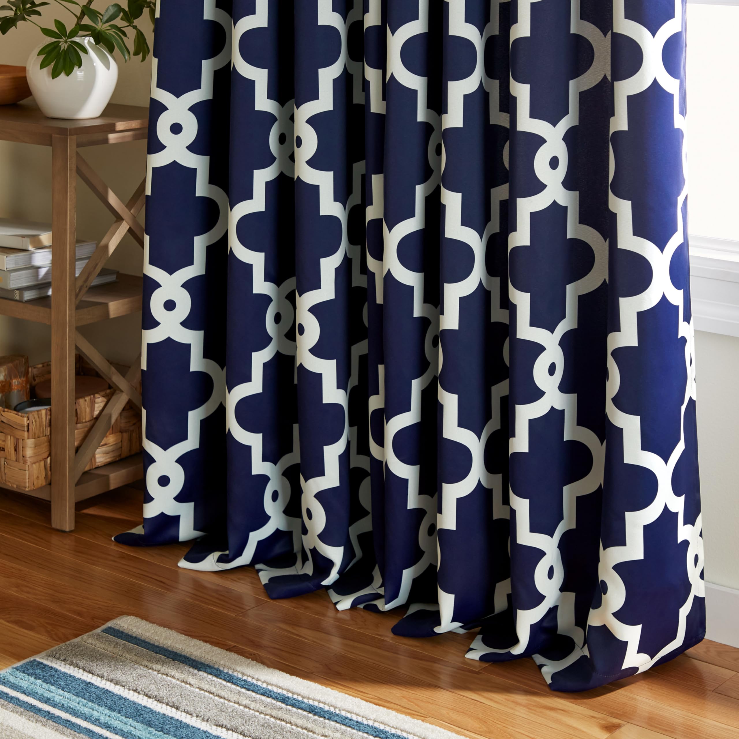 Exclusive Home Ironwork Sateen Woven Room Darkening Blackout Grommet Top Curtain Panel Pair, 52"x84", Peacoat Blue