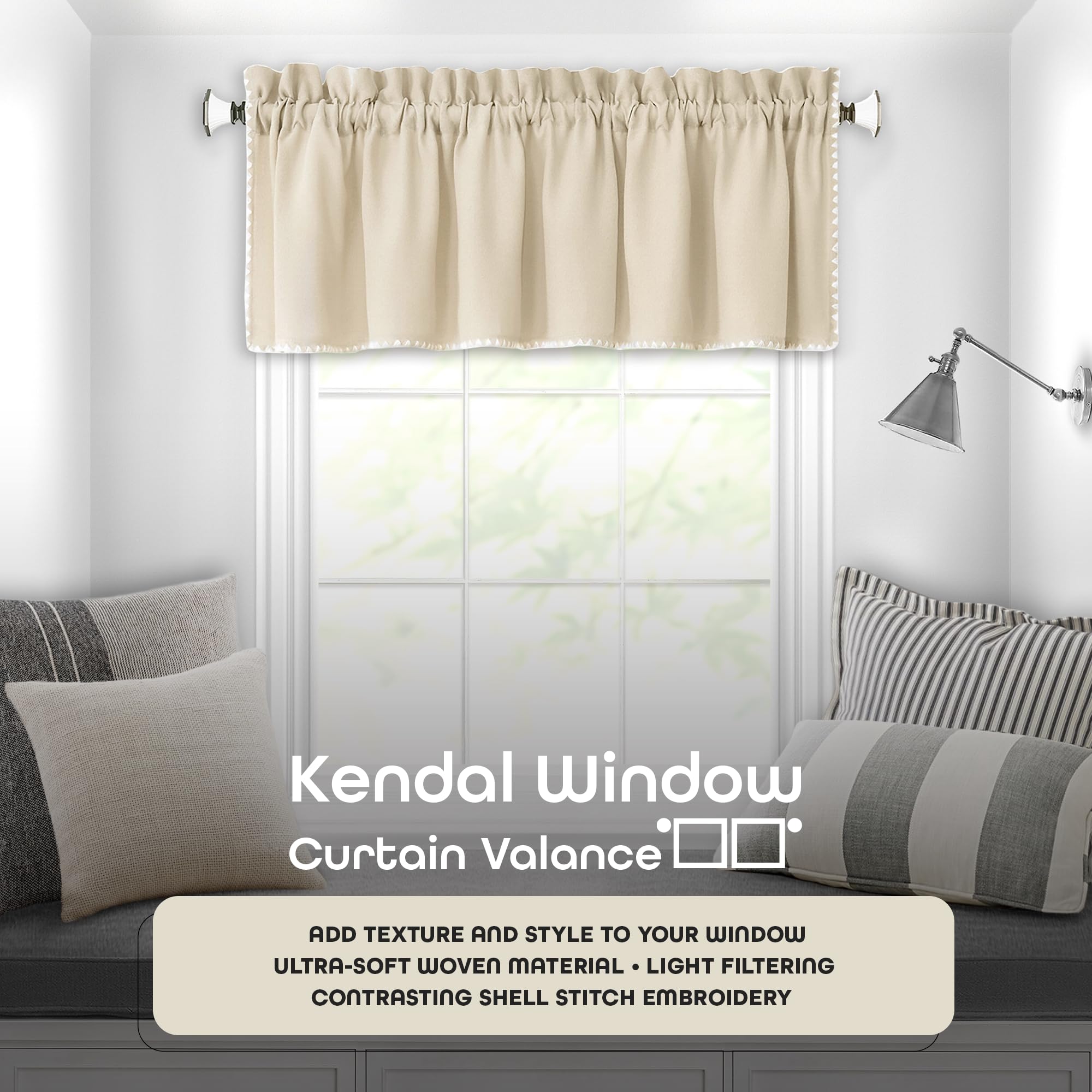 Kendal Window Curtain Valance - 58 Width, 14 Length, 1.5 Inch Rod Pocket - Tan/White - Ultra-Soft Light Filtering Fabric with Shell Stitch Embroidery & Machine Washable by Achim Home Decor