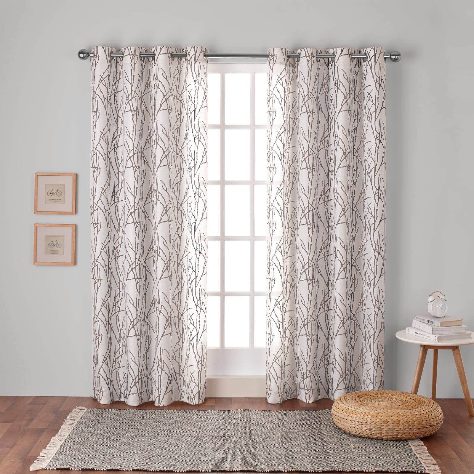 Exclusive Home Curtains - EH8271-02 2-63G Branches Linen Blend Window Curtain Panel Pair with Grommet Top, 54x63, Natural, 2 Piece