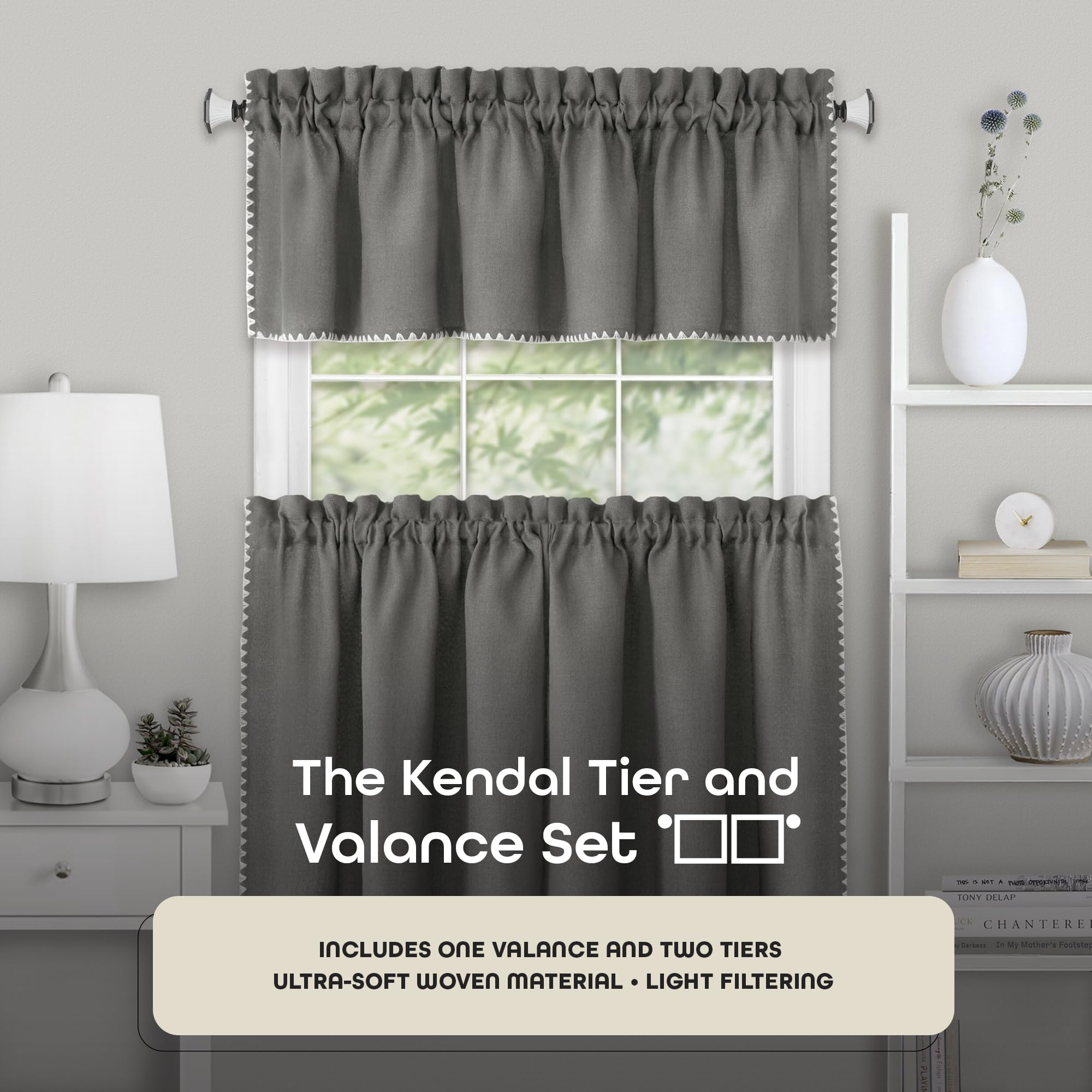 Kendal Tier and Valance Window Curtain Set - 52 Width, 24 Length, 1.5 Inch Rod Pocket - Grey/White - Soft Light Filtering Fabric with Shell Stitch Embroidery & Machine Washable by Achim Home Decor