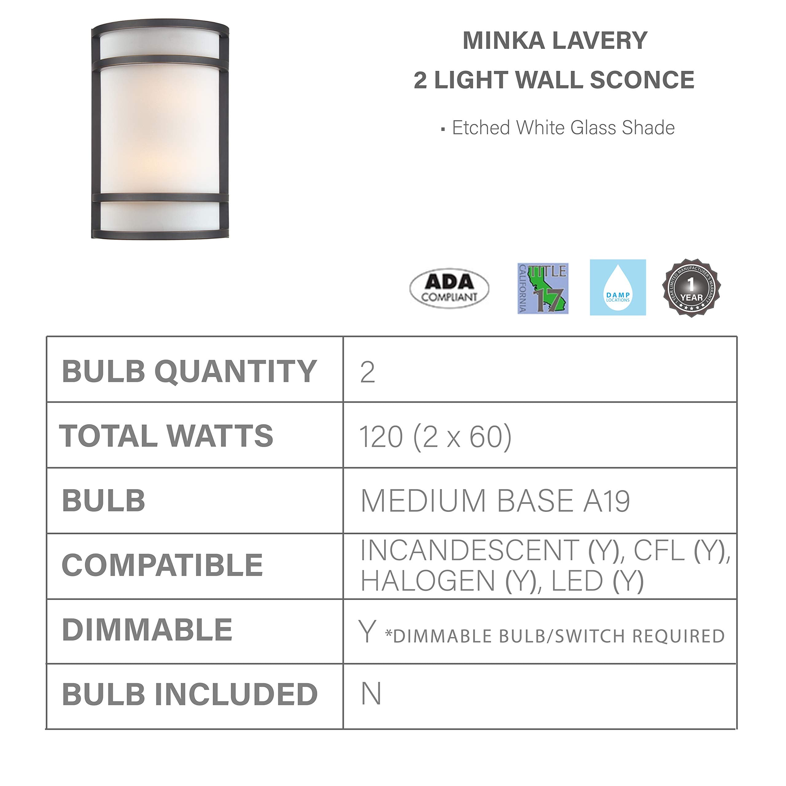 Minka Lavery Wall Sconce Lighting 345-37B, Glass Damp Bath Vanity Fixture, 2 Light, 120 Watts, Bronze