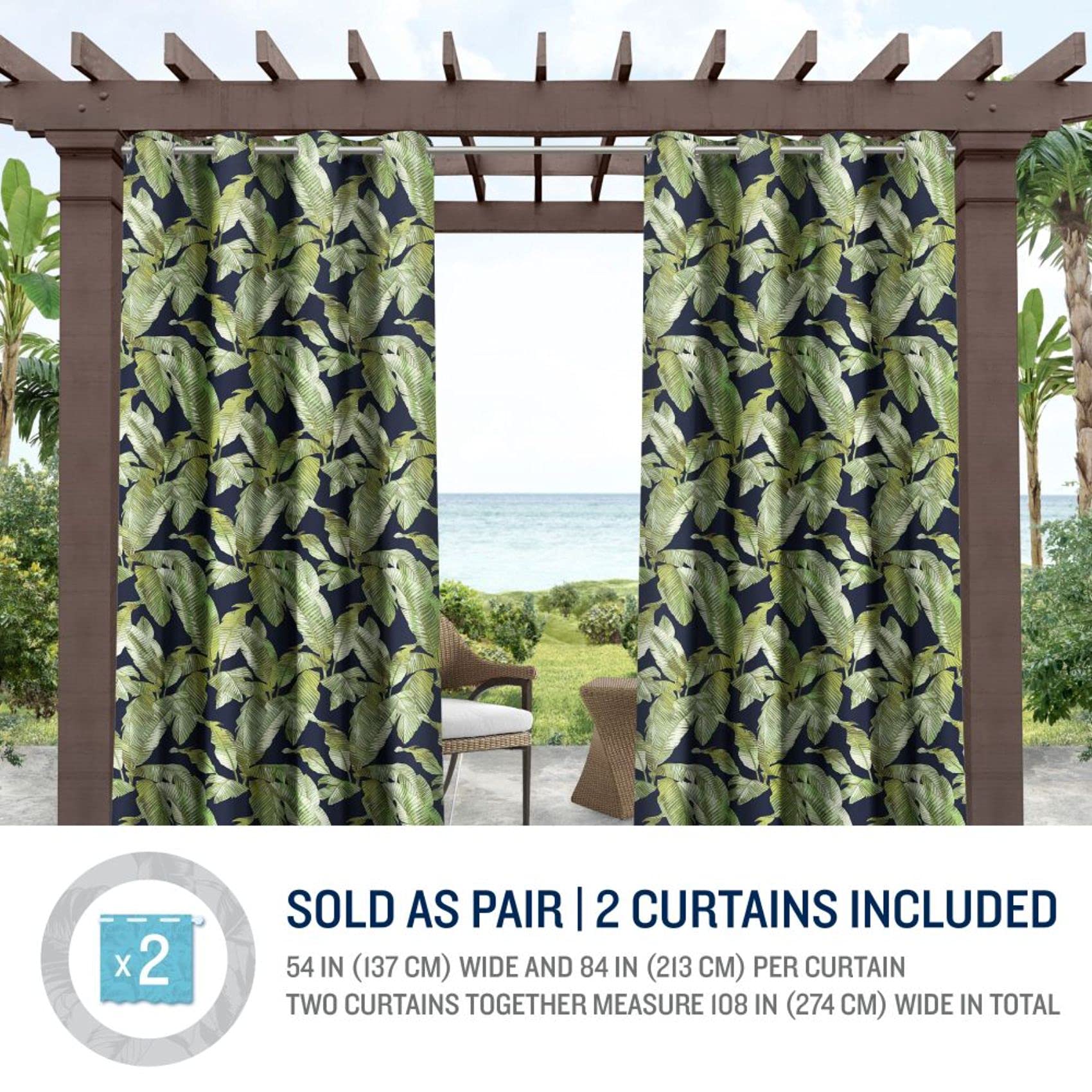 Tommy Bahama Indoor/Outdoor Island Palm Light Filtering Grommet Top Curtain Panel, 54"x108", Island Deep, Set of 2